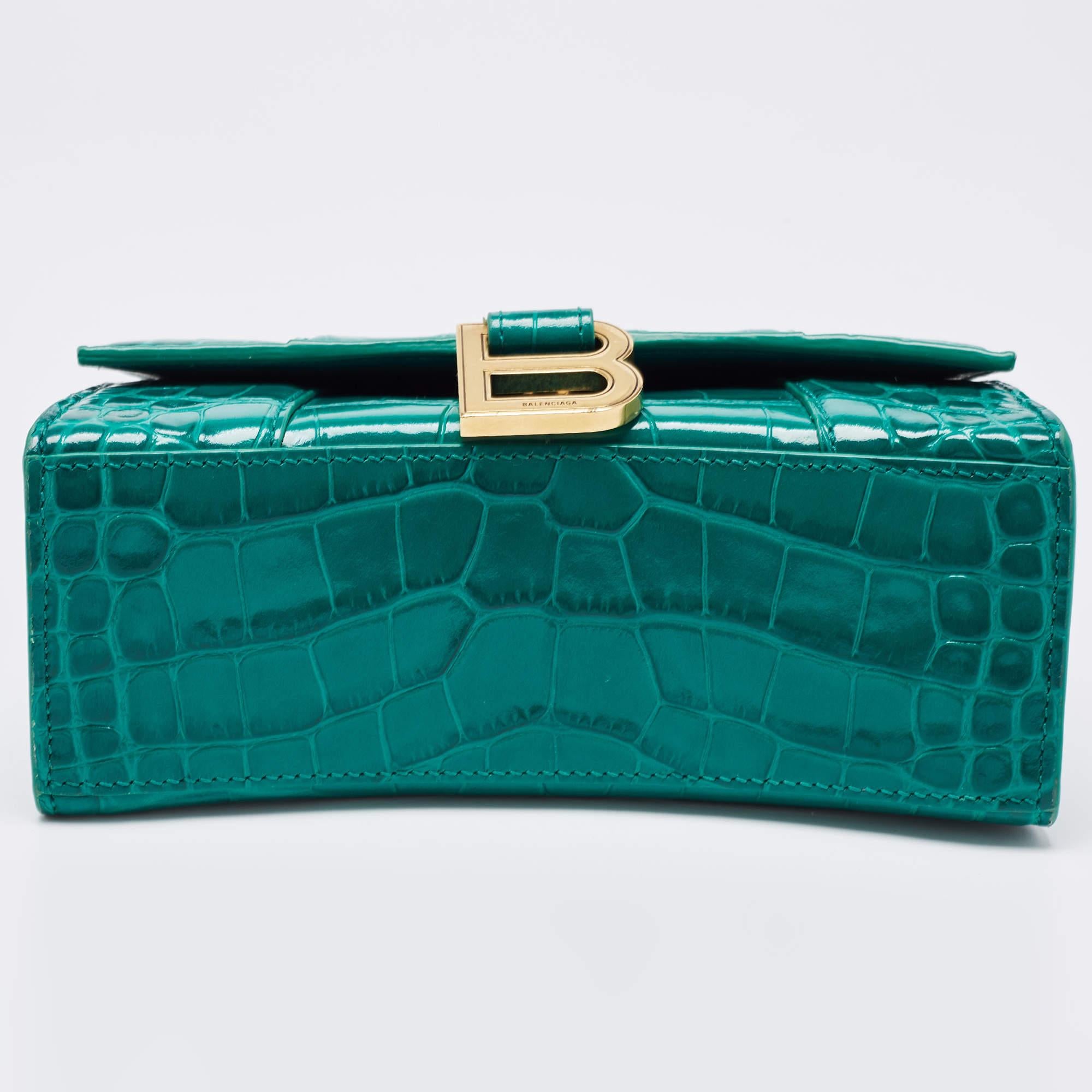 Balenciaga Green Croc Embossed Leather XS Hourglass Top Handle Bag 1