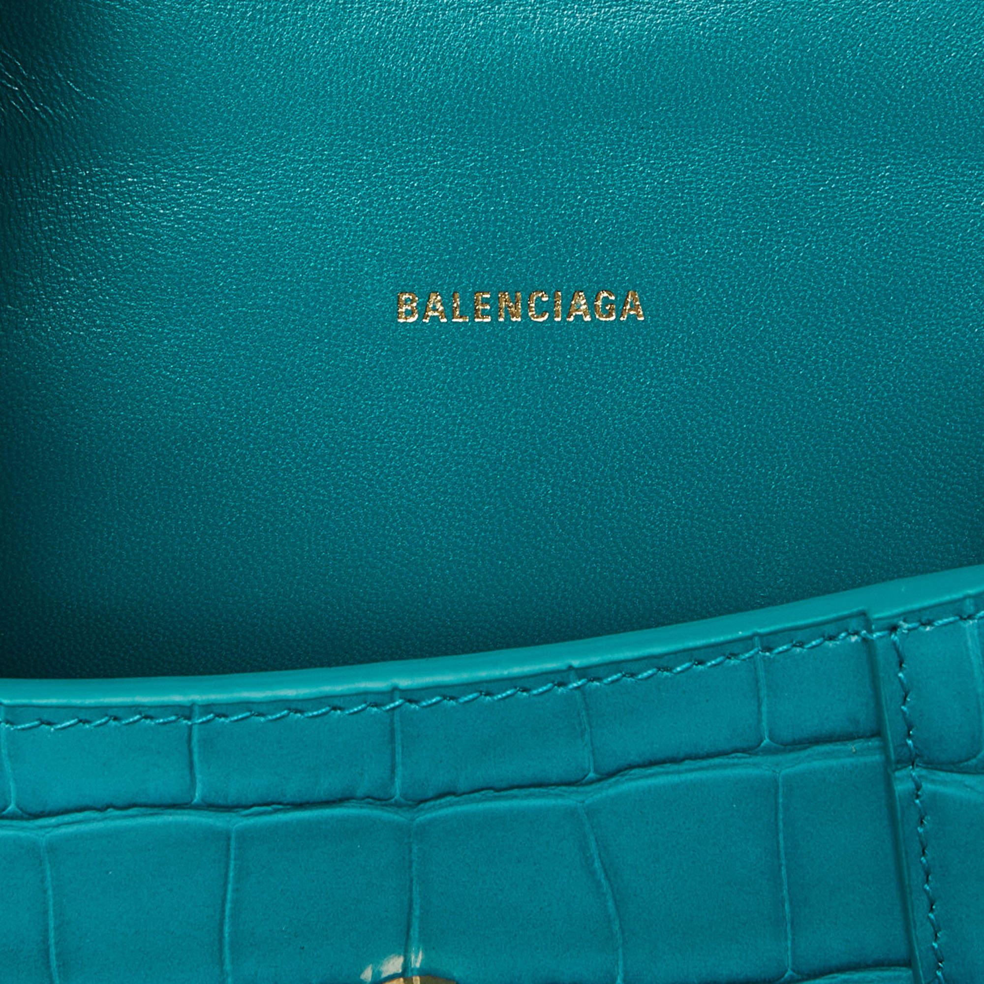 Balenciaga XS Sanduhr-Top Handle Bag aus grünem Leder mit Krokodillederprägung im Angebot 3