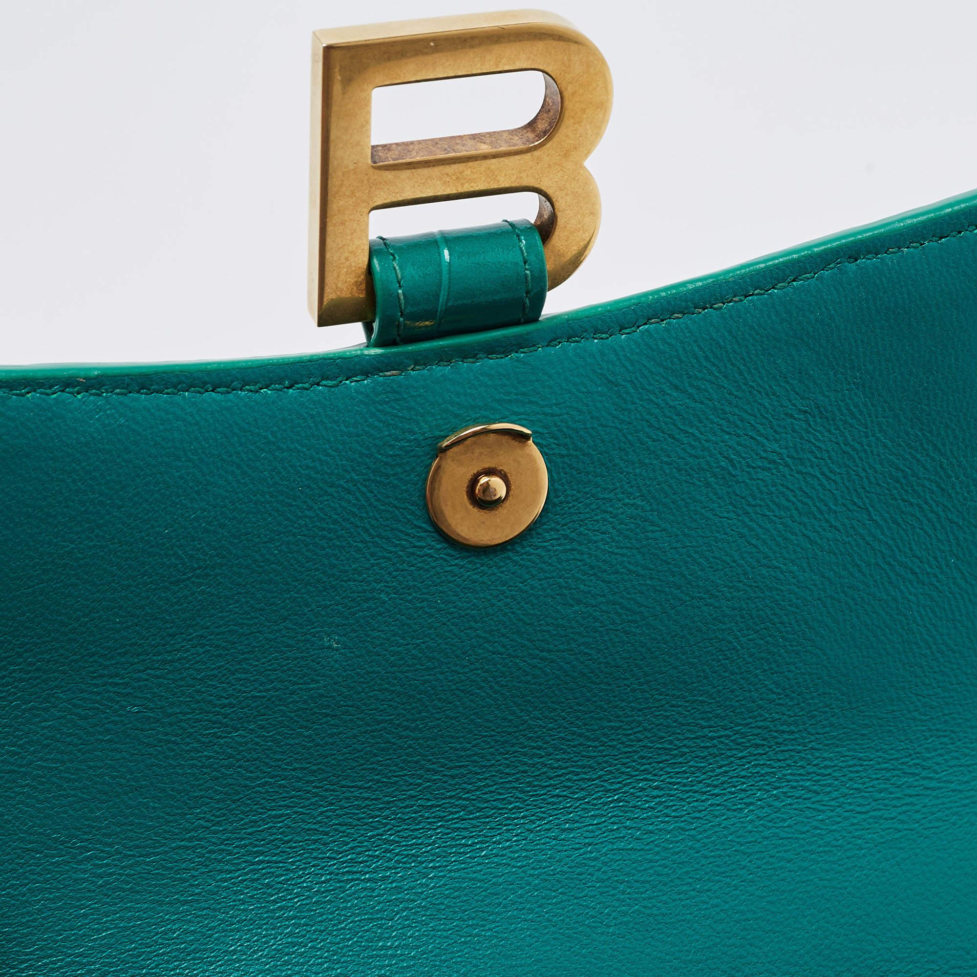Balenciaga sac à main XS sablier en cuir gaufré croco vert en vente 3