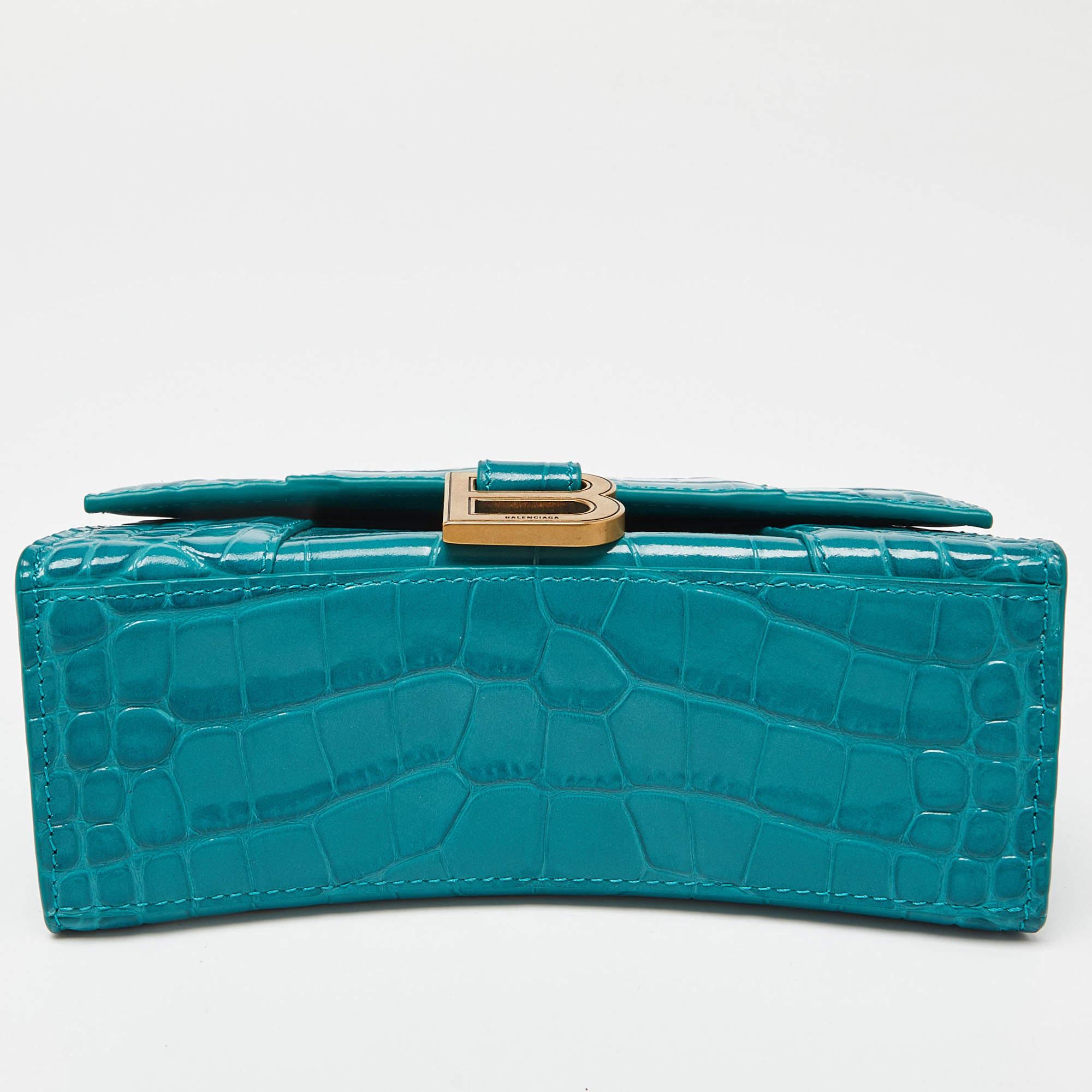 Balenciaga XS Sanduhr-Top Handle Bag aus grünem Leder mit Krokodillederprägung im Angebot 5
