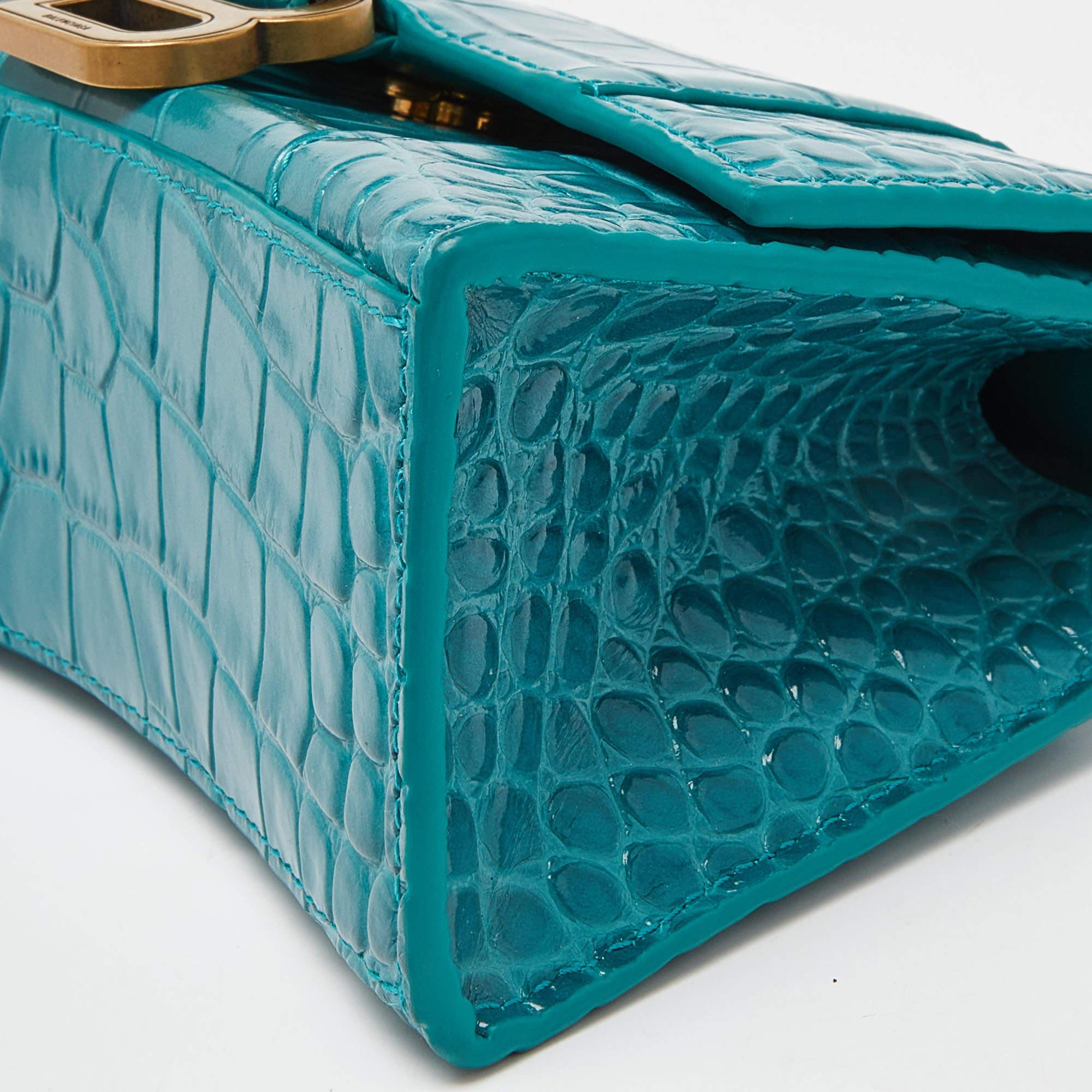 Balenciaga Green Croc Embossed Leather XS Hourglass Top Handle Bag 5