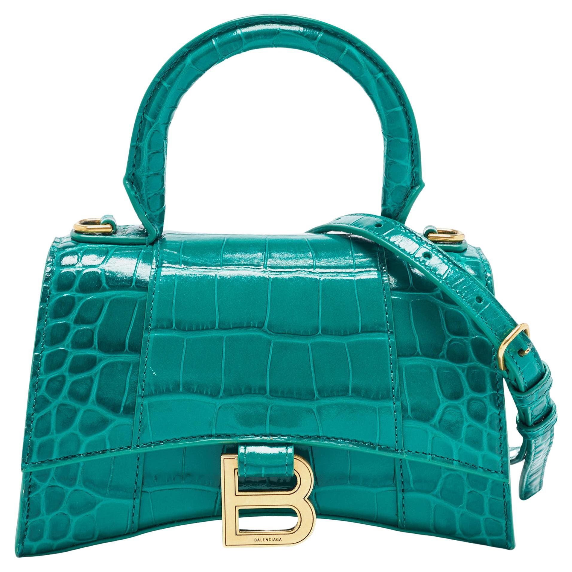 Balenciaga XS Sanduhr-Top Handle Bag aus grünem Leder mit Krokodillederprägung