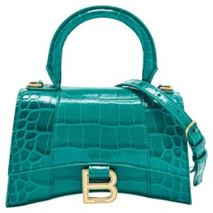 Balenciaga Green Croc Embossed Leather XS Hourglass Top Handle Bag