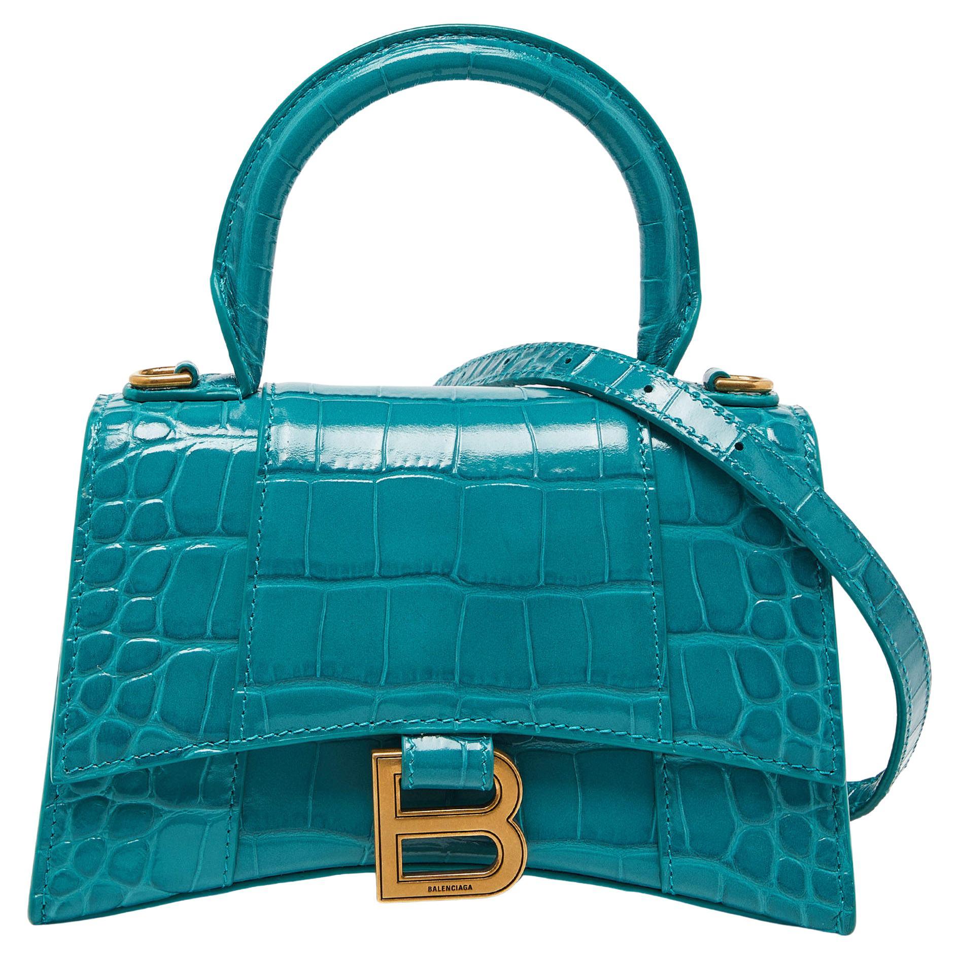 Balenciaga Green Croc Embossed Leather XS Hourglass Top Handle Bag For Sale