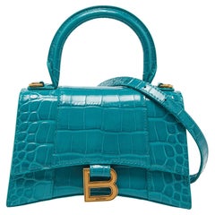 Balenciaga Green Croc Embossed Leather XS Hourglass Top Handle Bag