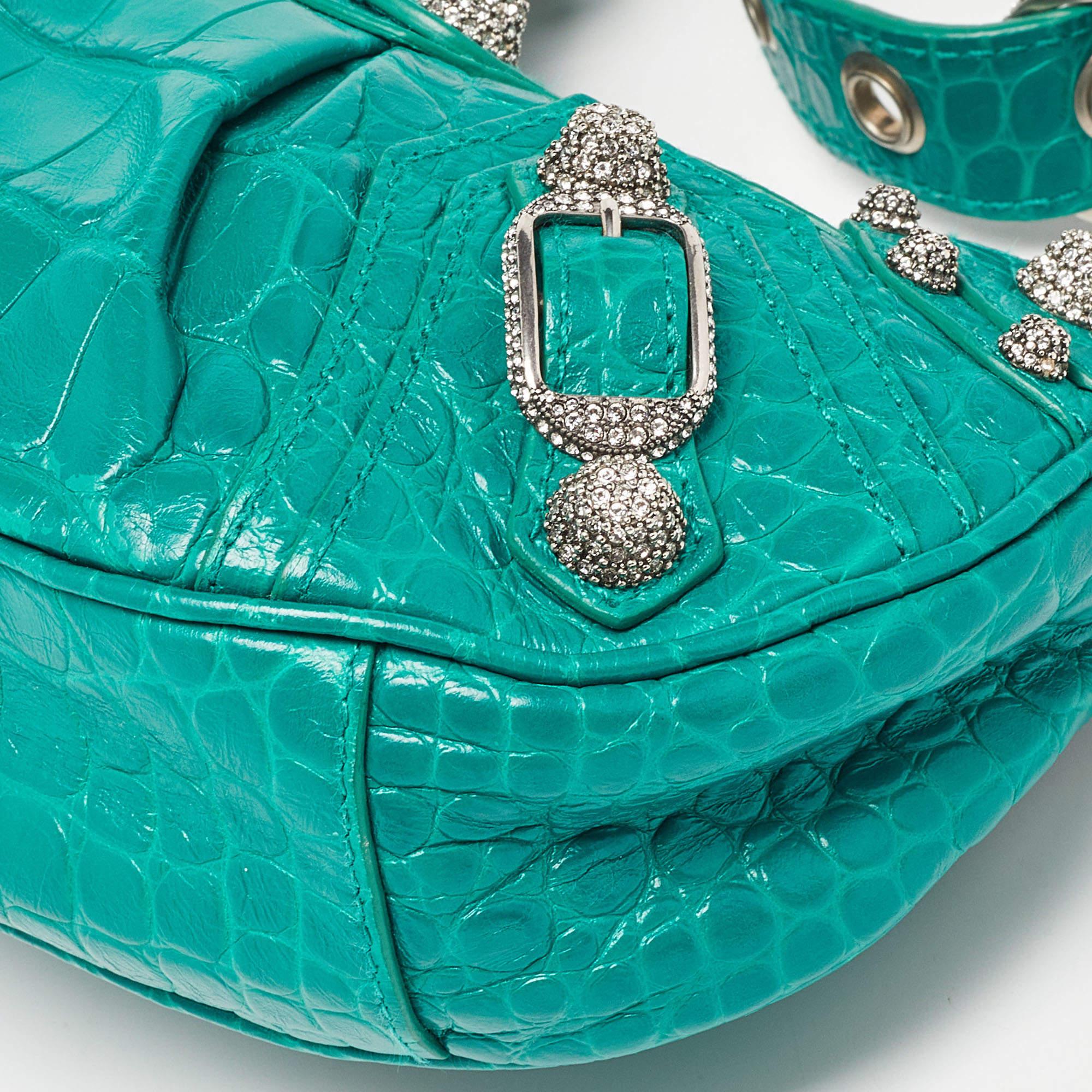 Balenciaga Green Croc Embossed Leather XS Le Cagole Shoulder Bag In Good Condition In Dubai, Al Qouz 2