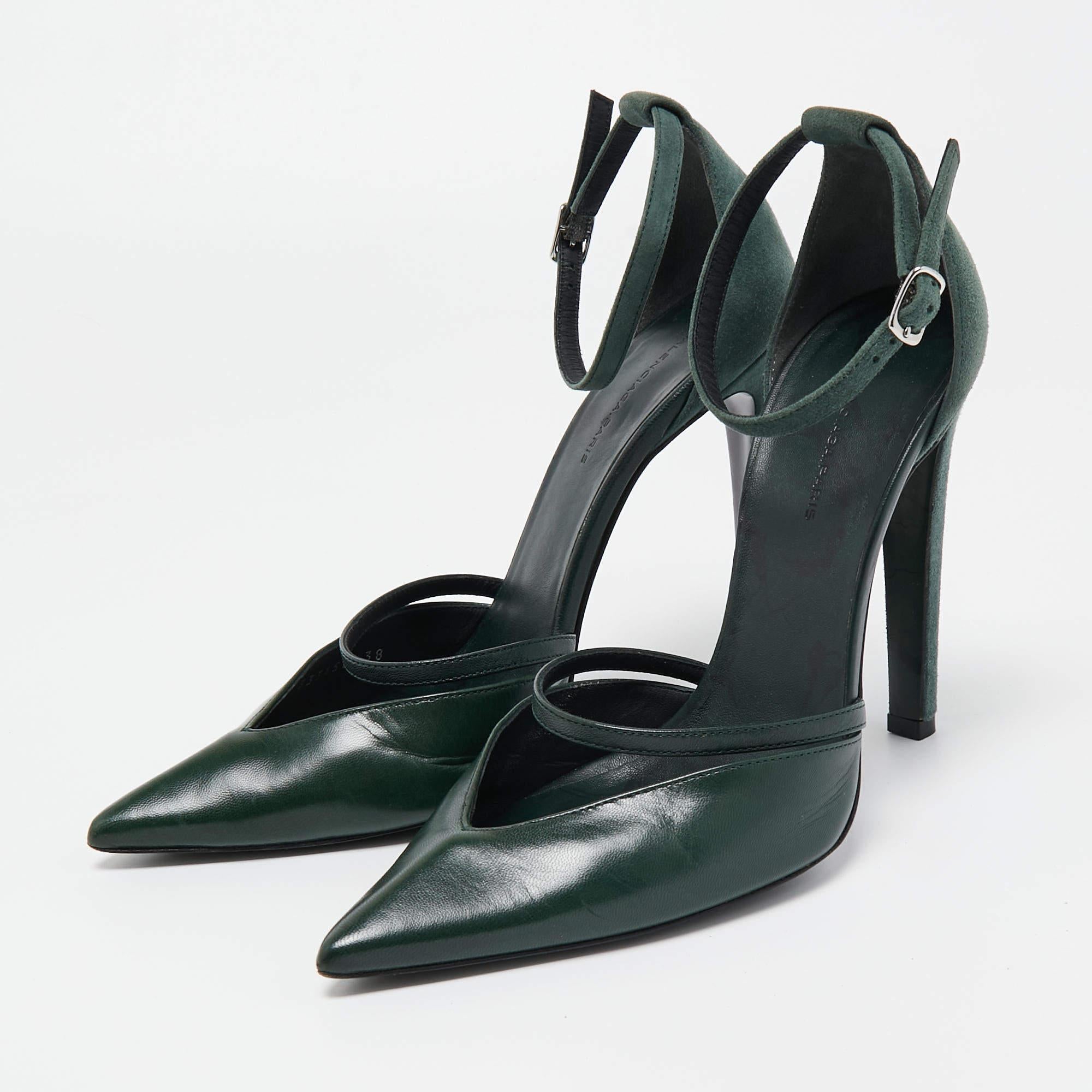 Balenciaga Green Leather and Suede Ankle Strap Pumps Size 38 In Good Condition For Sale In Dubai, Al Qouz 2