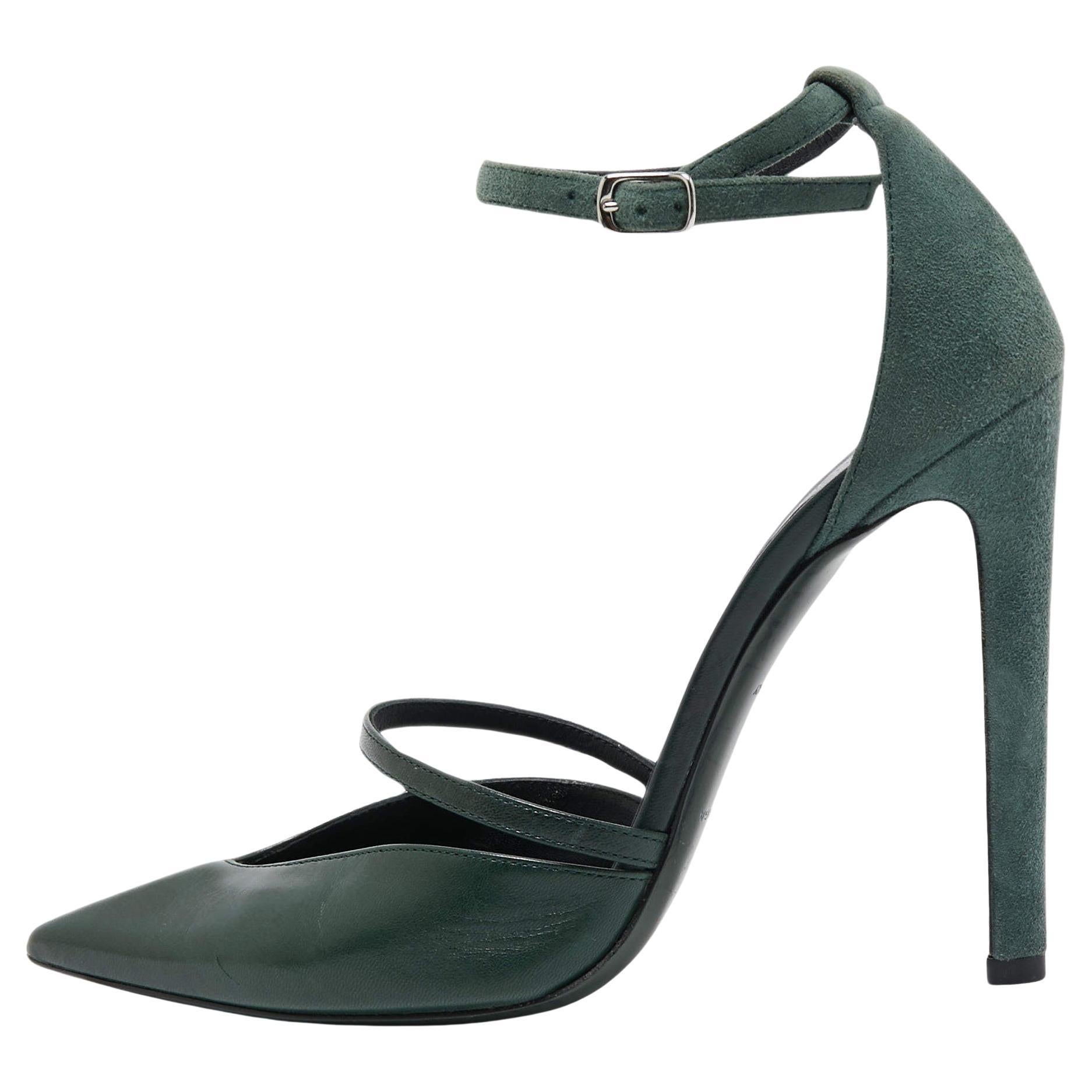 Balenciaga Green Leather and Suede Ankle Strap Pumps Size 38 For Sale
