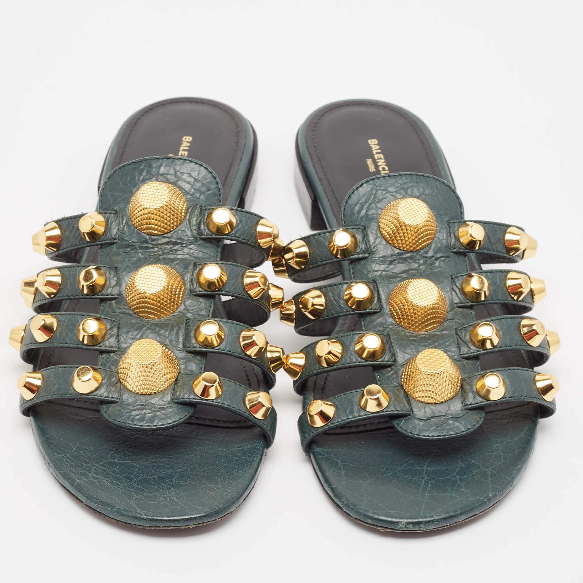 Gray Balenciaga Green Leather Arena Flat Sandals Size 37.5