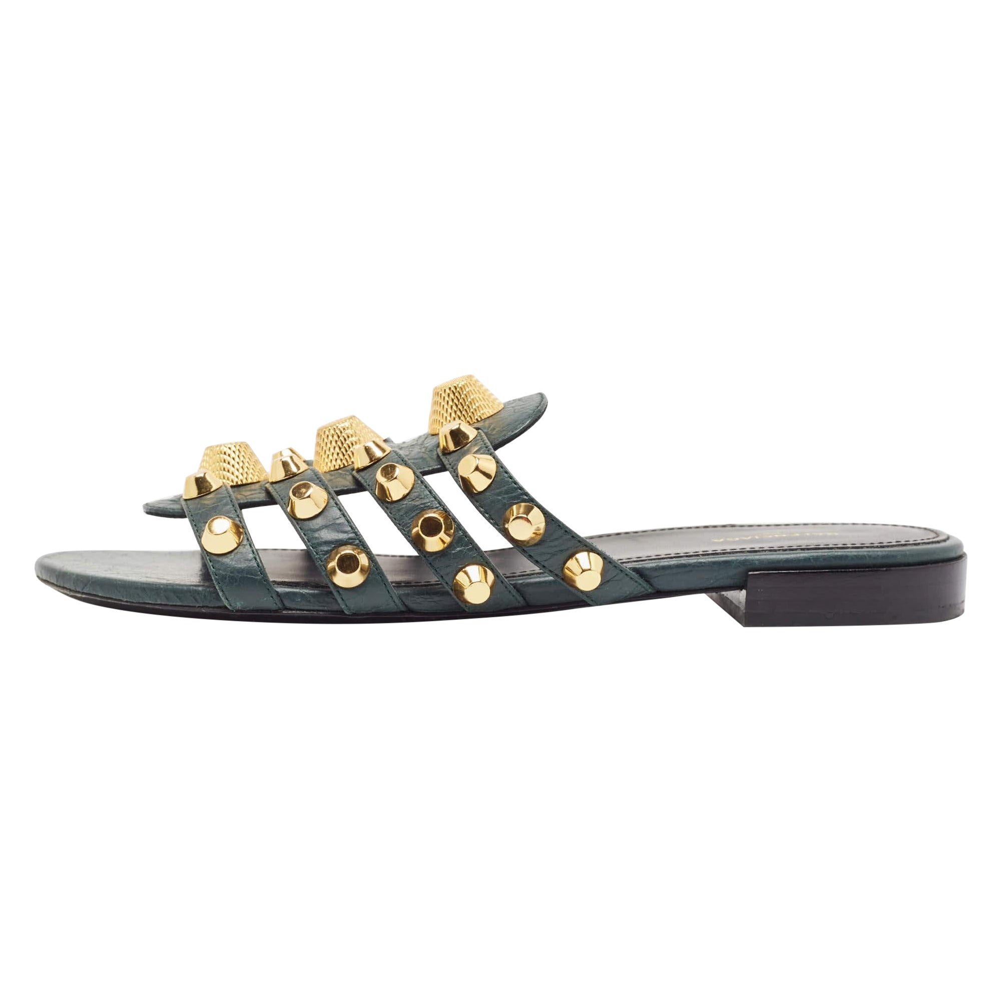 Balenciaga Green Leather Arena Flat Sandals Size 37.5