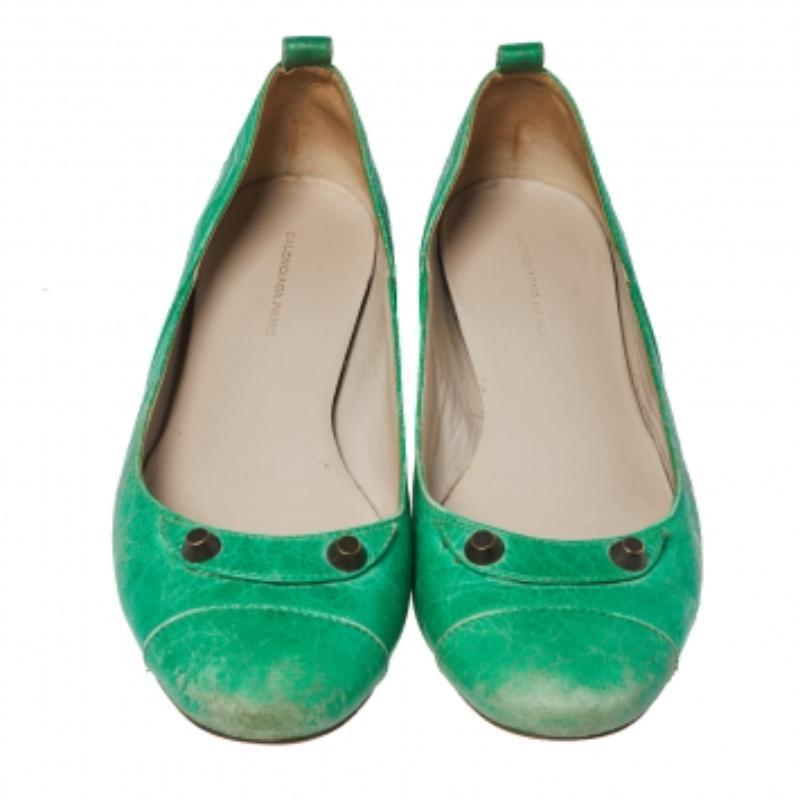Balenciaga Green Leather Arena Studded Ballet Flats Size 38.5 For Sale 3