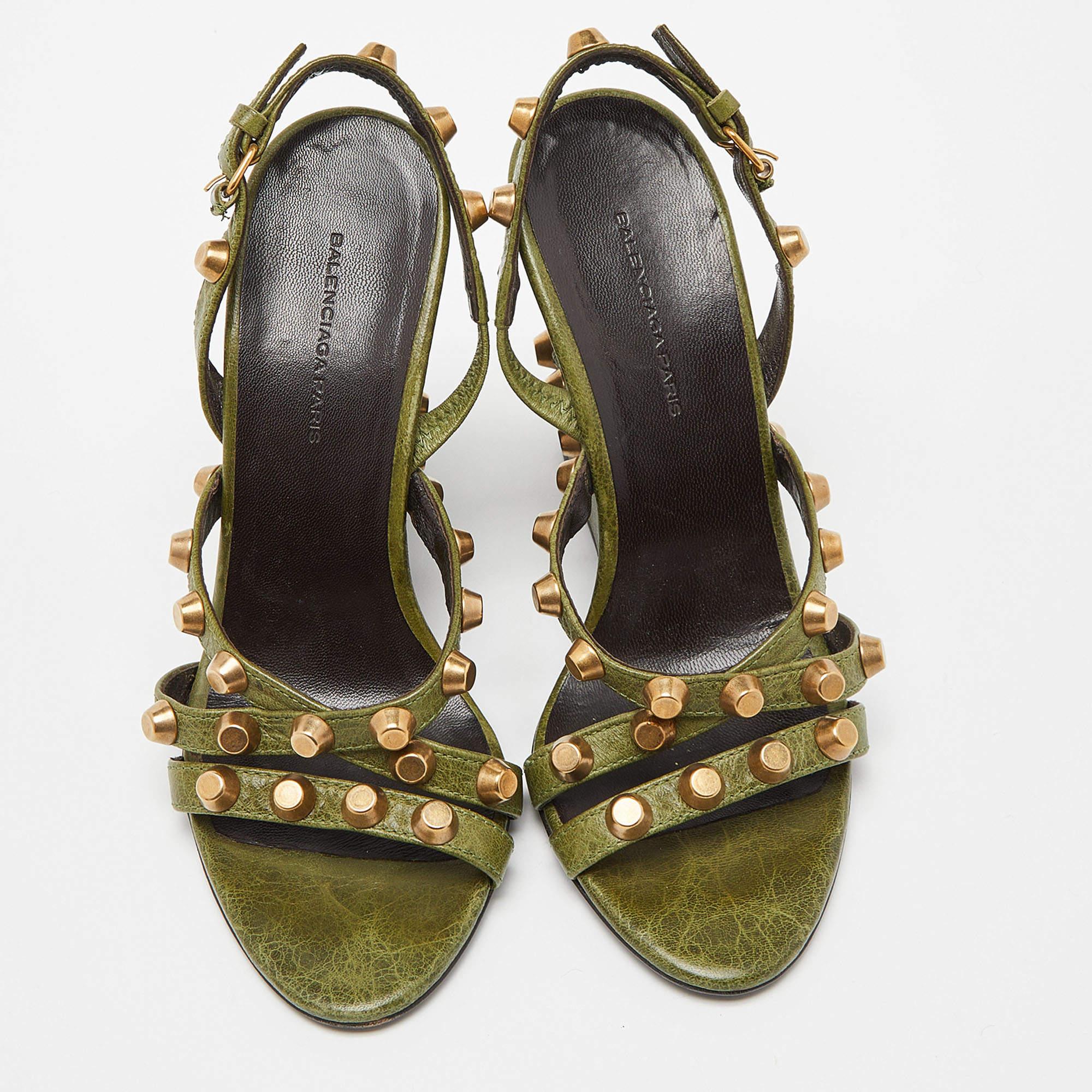 Brown Balenciaga Green Leather Arena Studded Wedge Sandals Size 36.5 For Sale