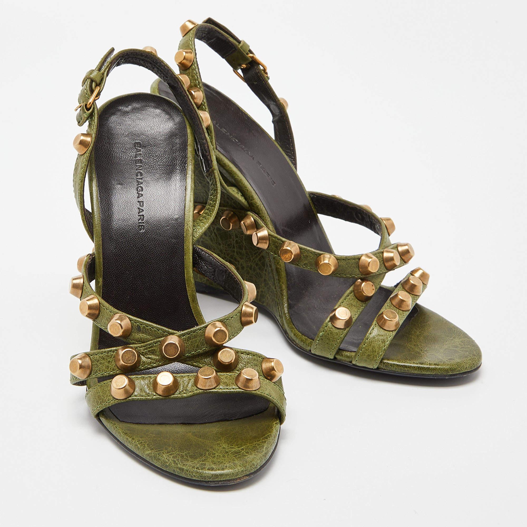 Women's Balenciaga Green Leather Arena Studded Wedge Sandals Size 36.5 For Sale