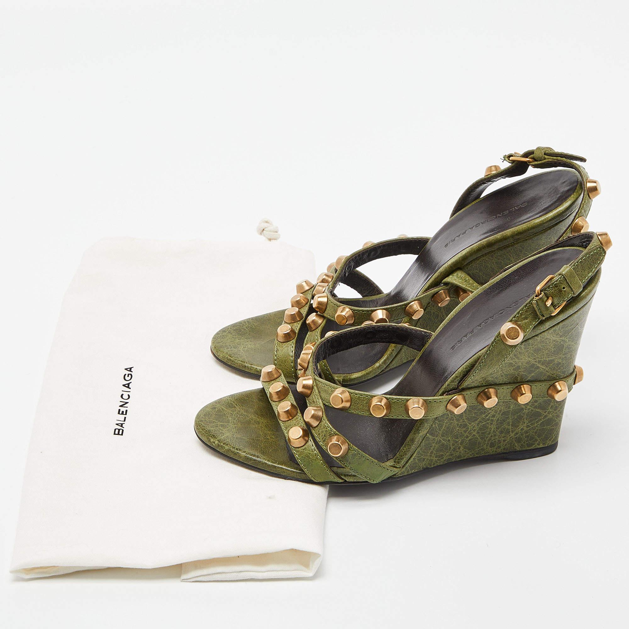 Balenciaga Green Leather Arena Studded Wedge Sandals Size 36.5 For Sale 4