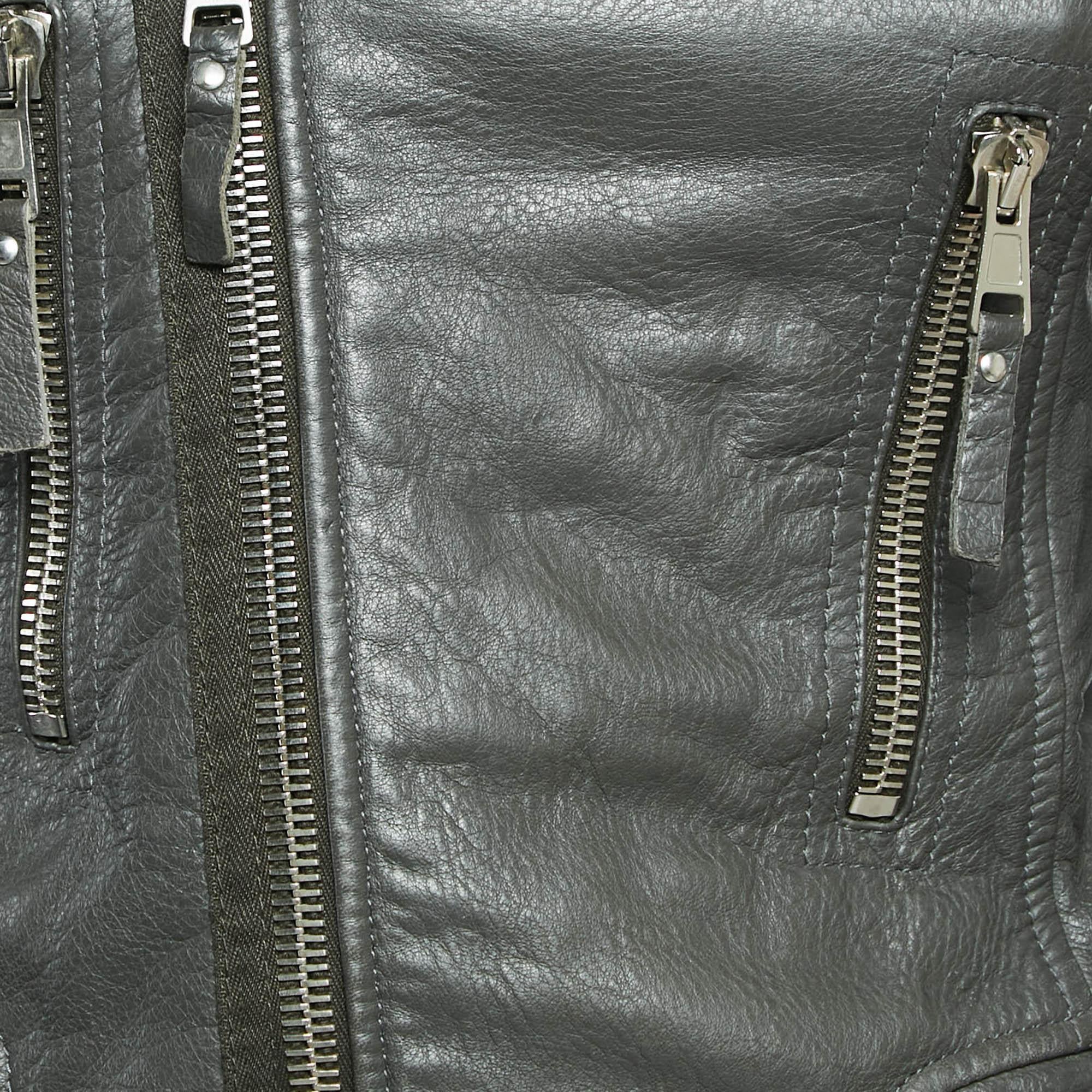 Gray Balenciaga Green Leather Biker Jacket M