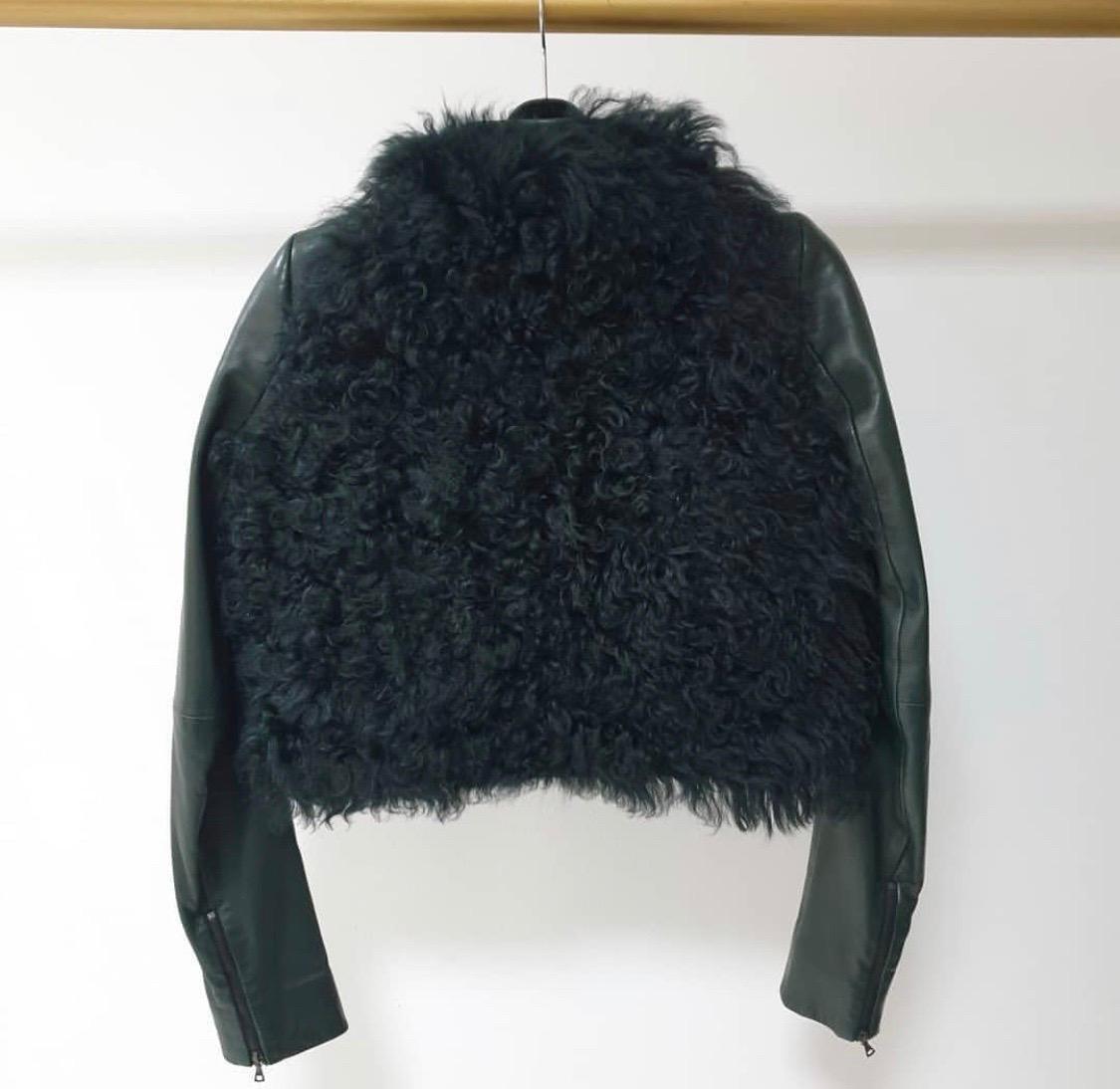 Balenciaga Green leather Black Fur jacket  In Good Condition In Krakow, PL