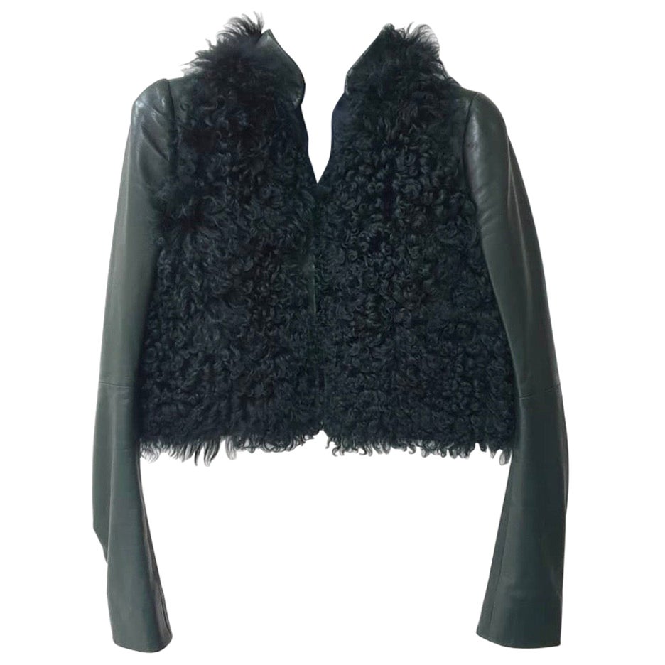 Balenciaga Grünes Leder Schwarz Pelz Jacke