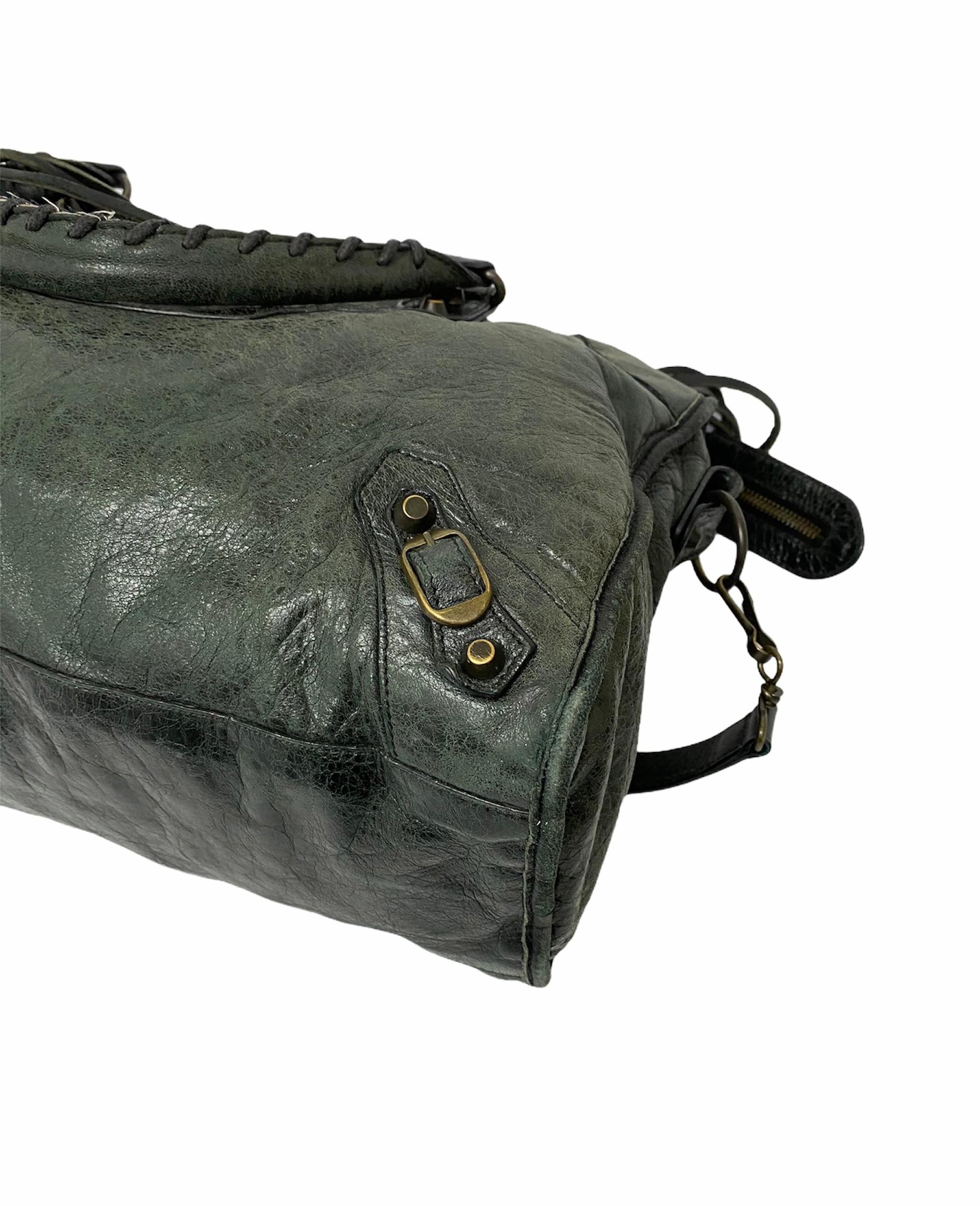 Black Balenciaga Green Leather City Bag with Brass Hardware