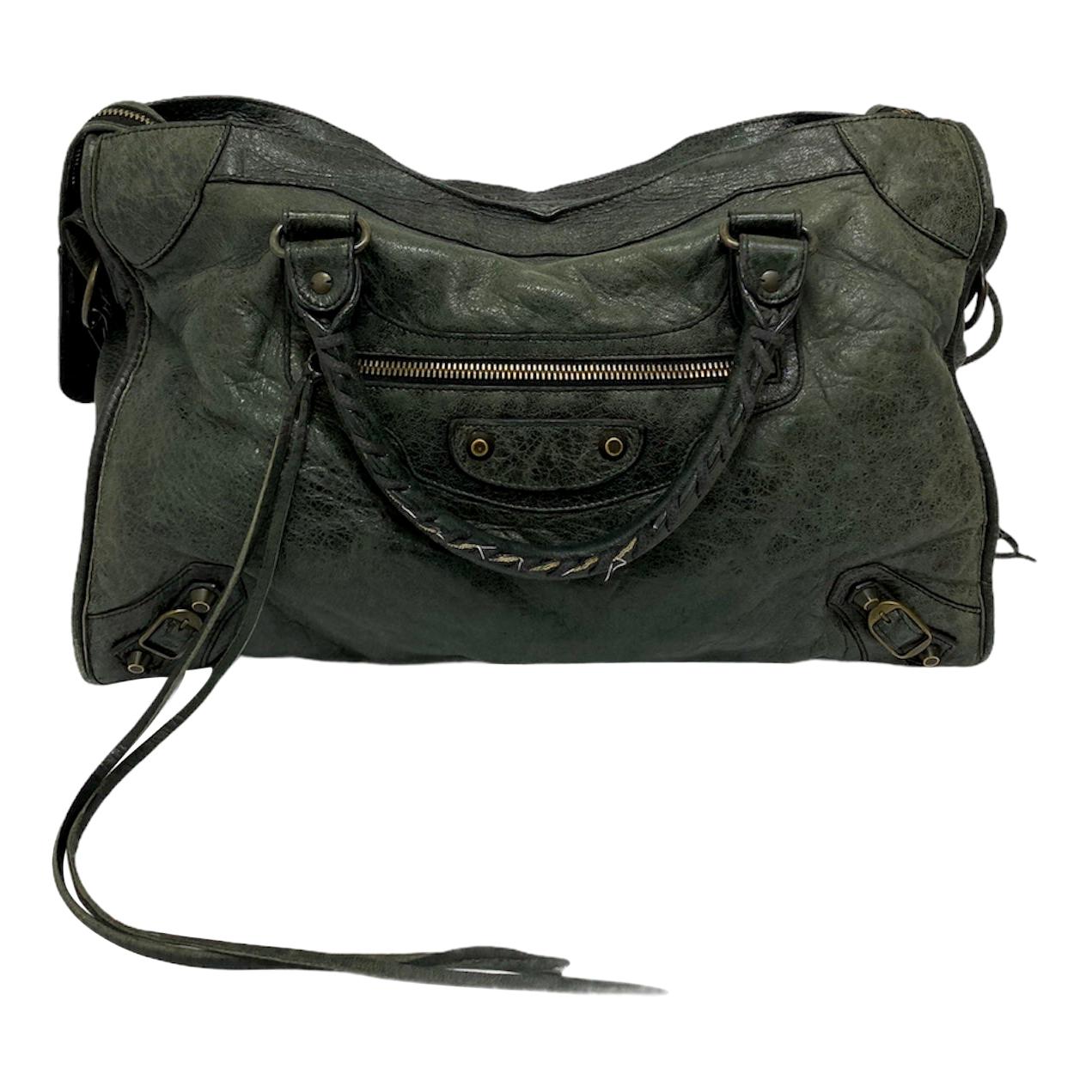 Balenciaga Green Leather City Bag with Brass Hardware