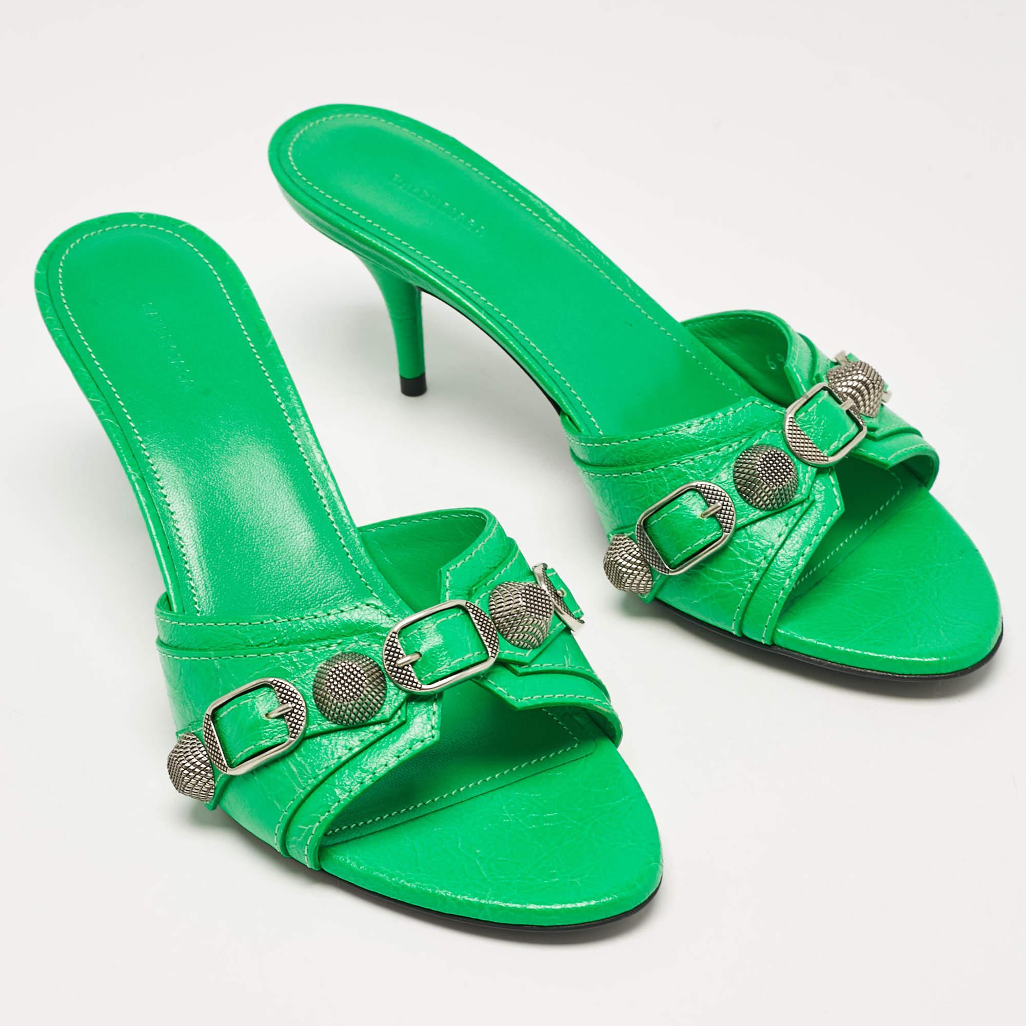 Women's Balenciaga Green Leather Le Cagole Studded Slide Sandals Size 36