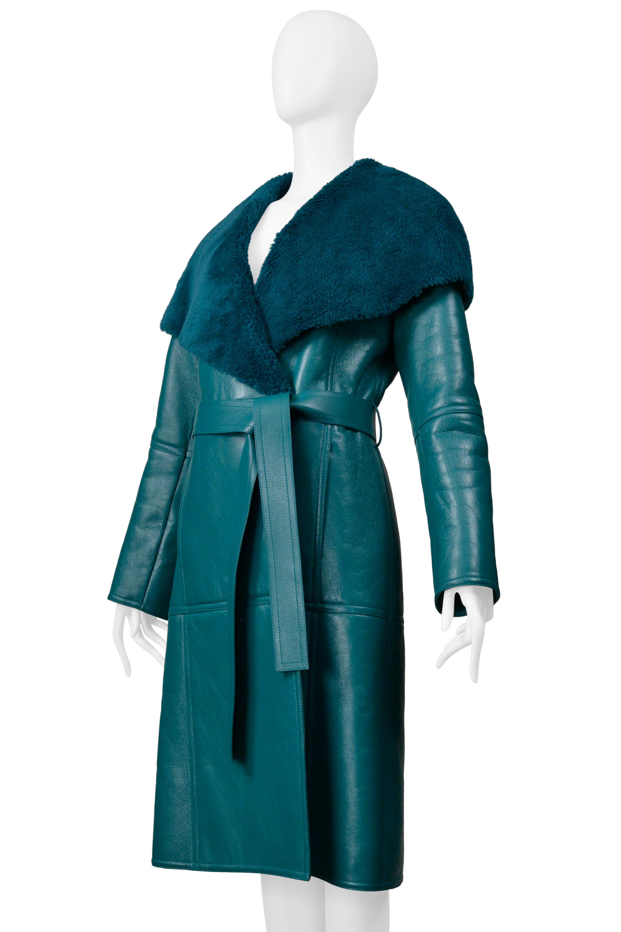 Women's Balenciaga Green Leather Shearling Coat With Belt 2019 For Sale