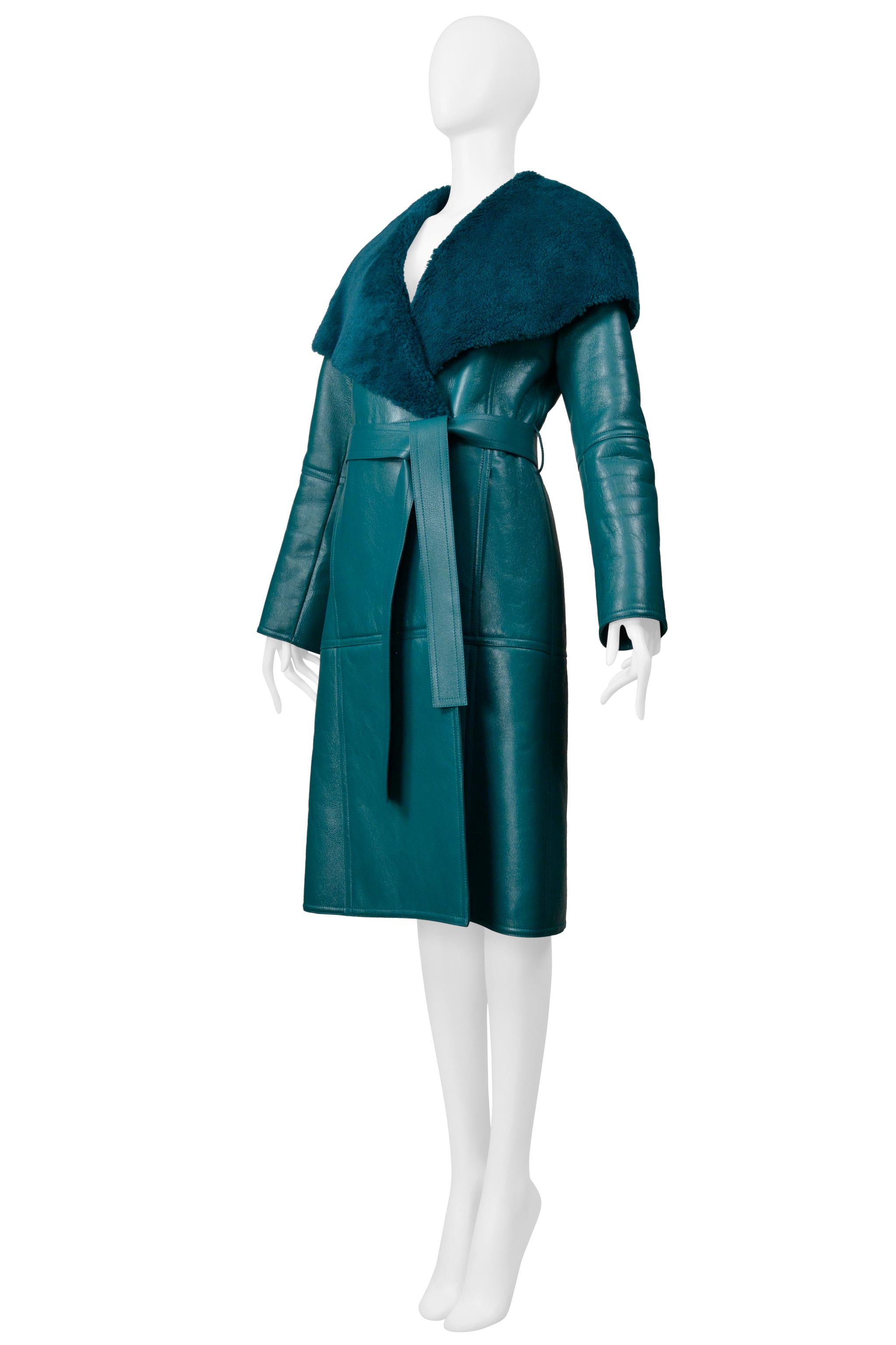 Balenciaga Green Leather Shearling Coat With Belt 2019 For Sale 1