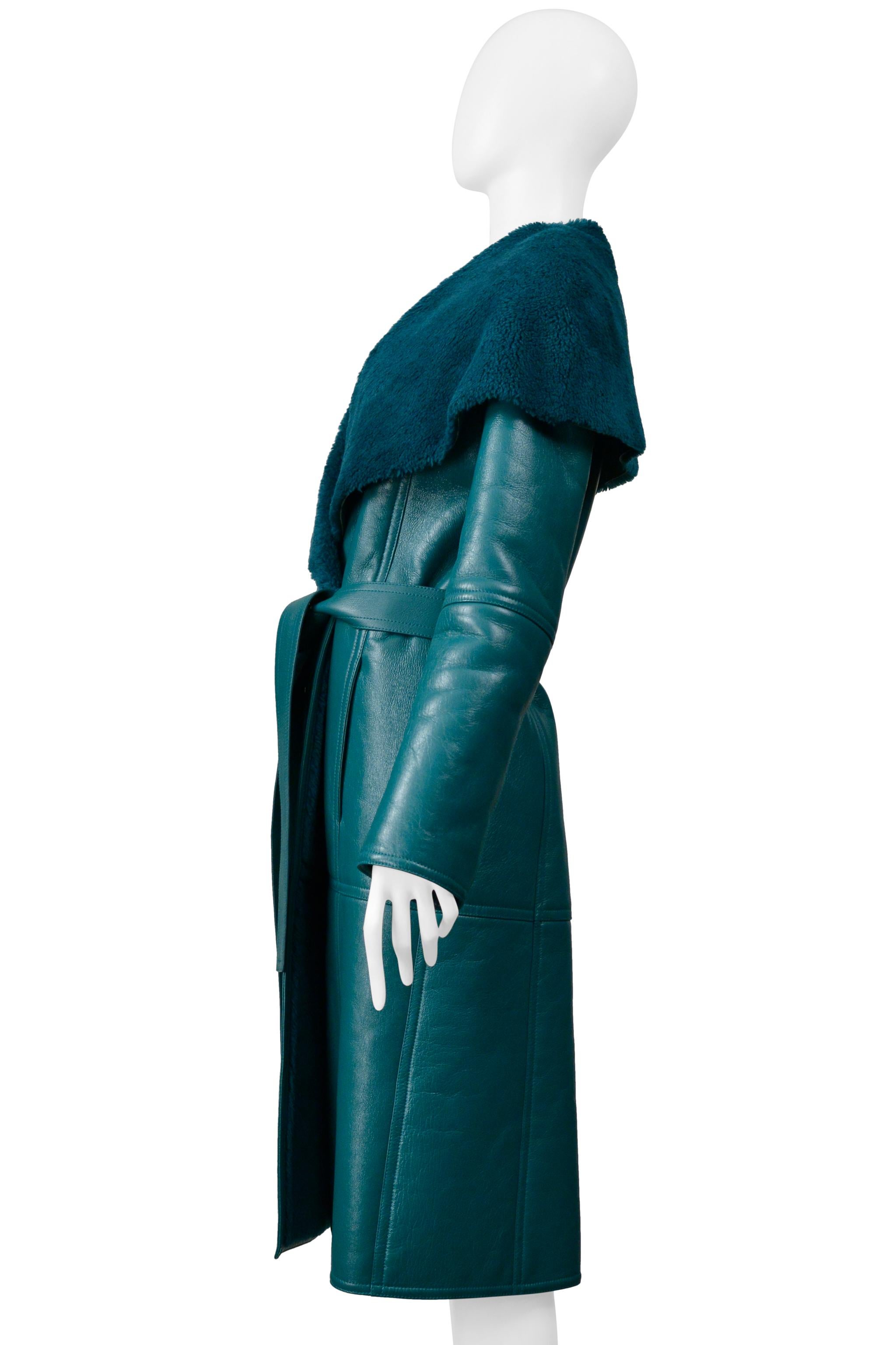 Balenciaga Green Leather Shearling Coat With Belt 2019 For Sale 2