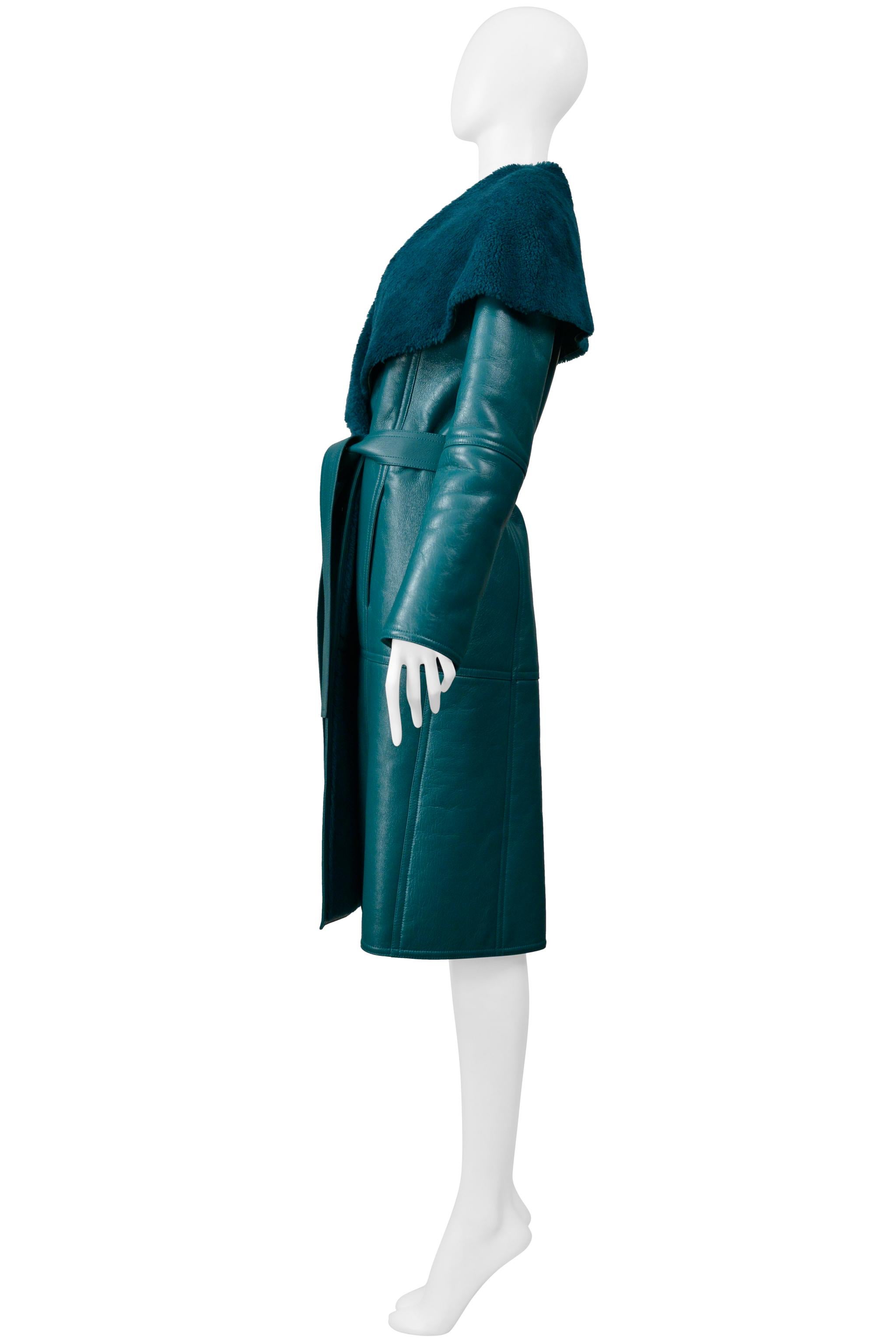 Balenciaga Green Leather Shearling Coat With Belt 2019 For Sale 3