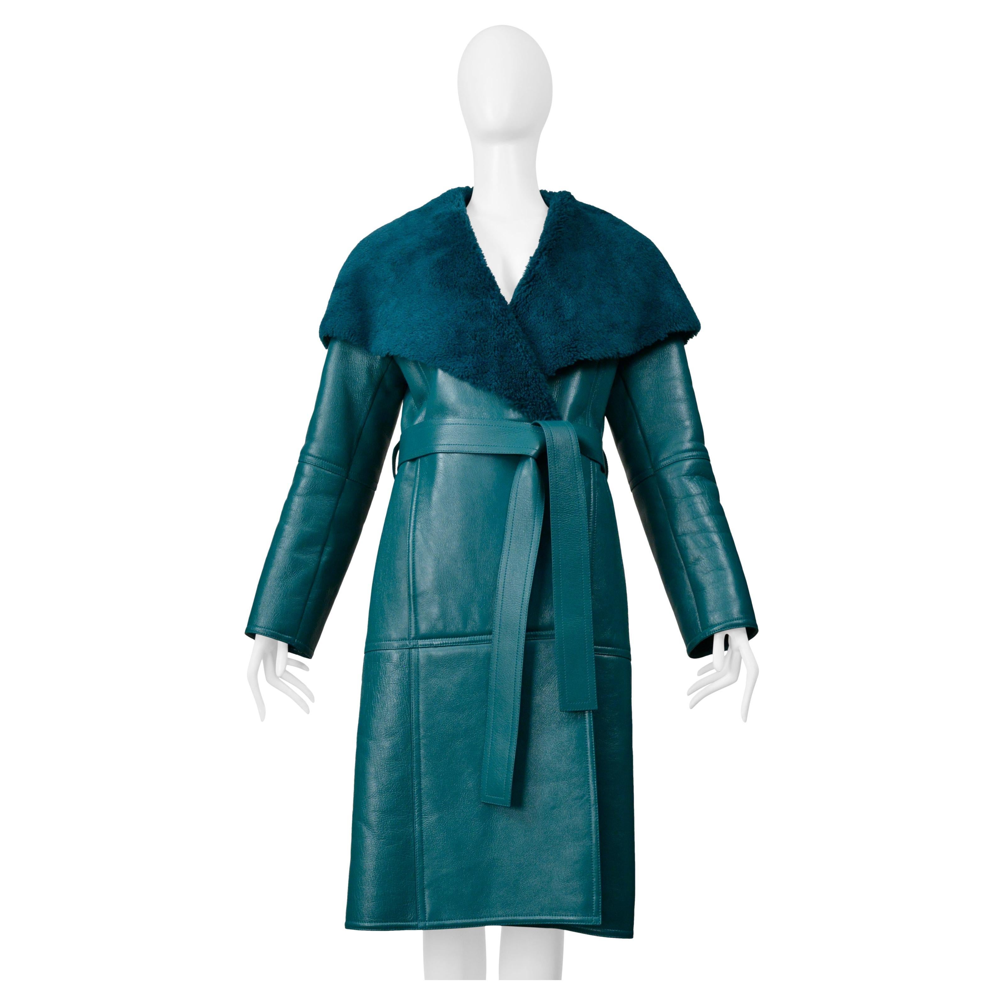 Balenciaga Green Leather Shearling Coat With Belt 2019 For Sale