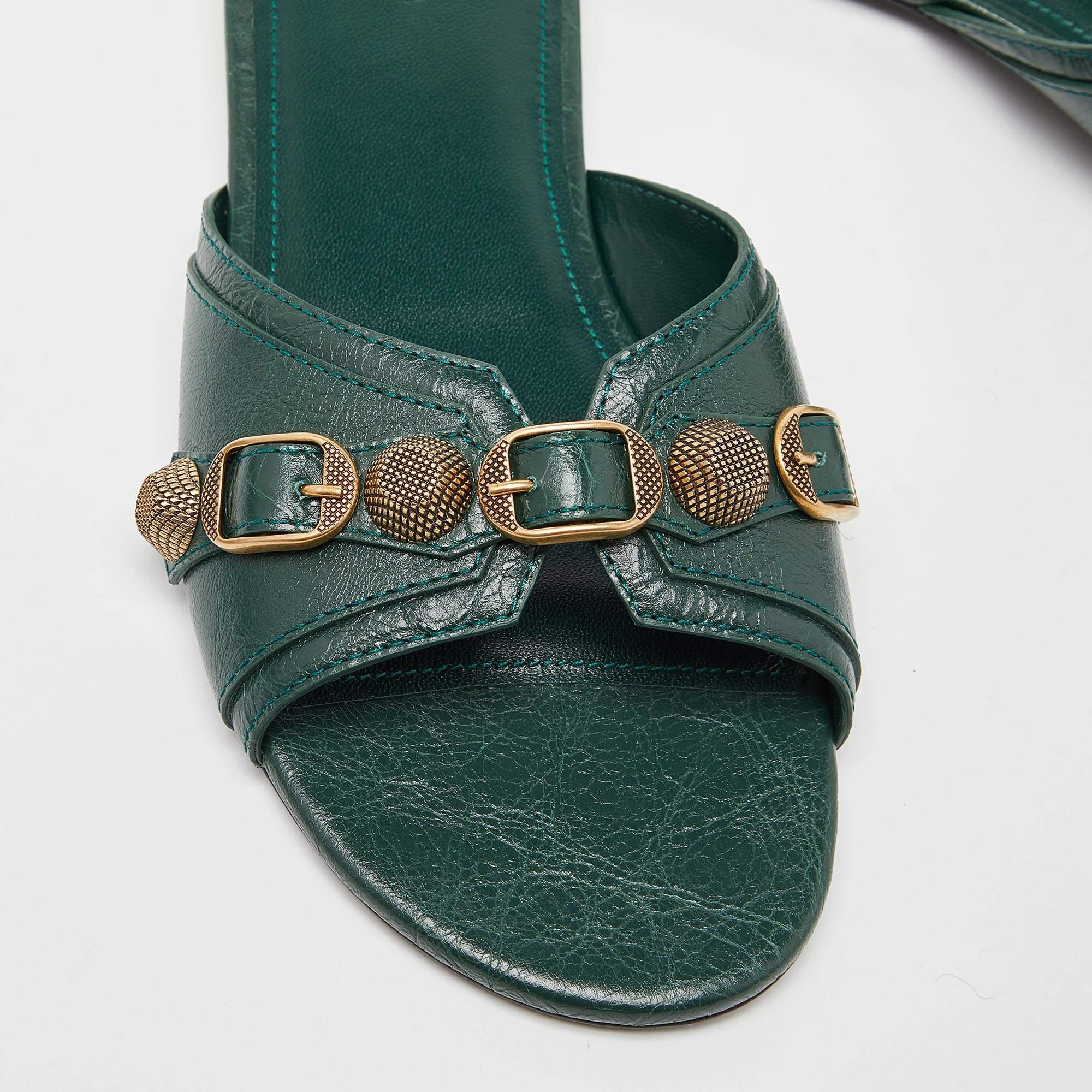 Balenciaga Green Leather Studded Cagole Flat Slides Size 38 2