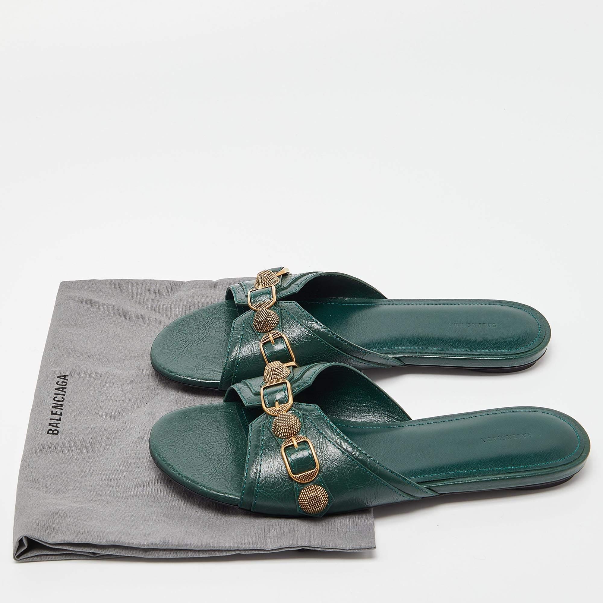 Balenciaga Green Leather Studded Cagole Flat Slides Size 38 3