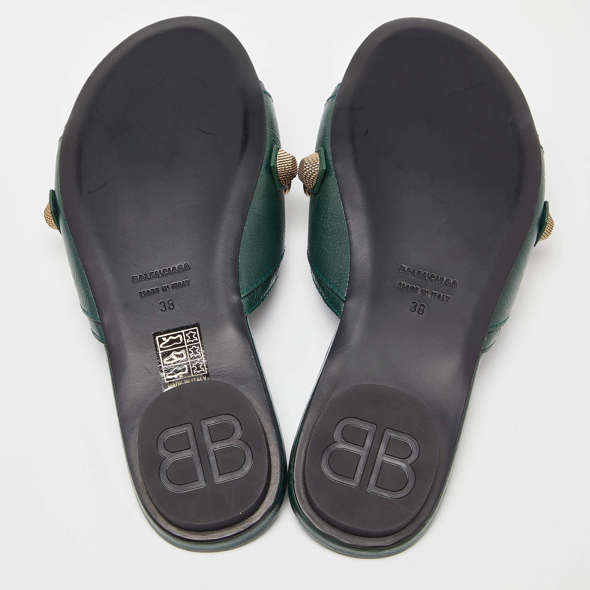 Balenciaga Green Leather Studded Cagole Flat Slides Size 38 4