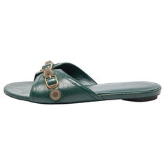Balenciaga Green Leather Studded Cagole Flat Slides Size 38