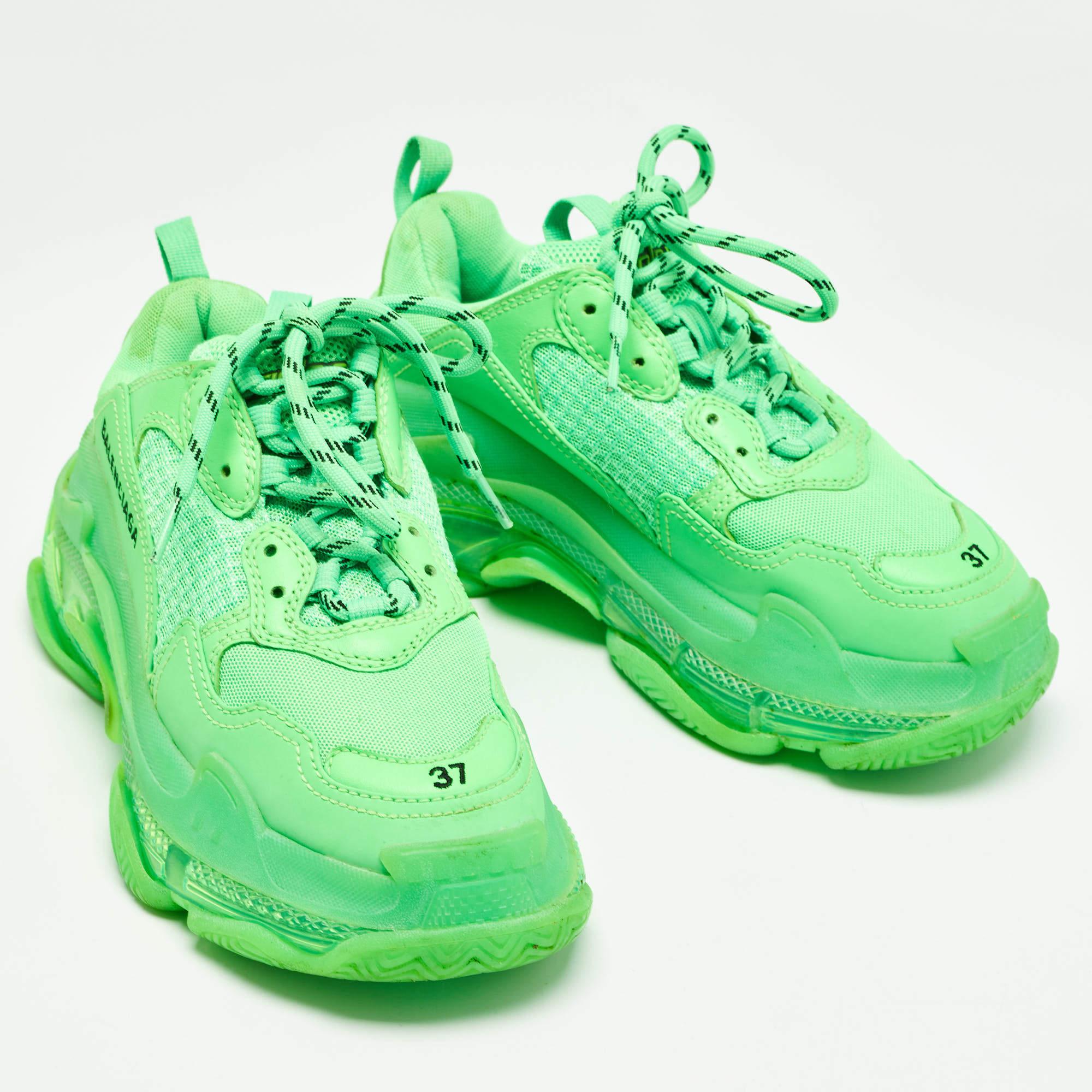 Women's Balenciaga Green Mesh and Faux Leather Triple S Sneakers Size 37 For Sale