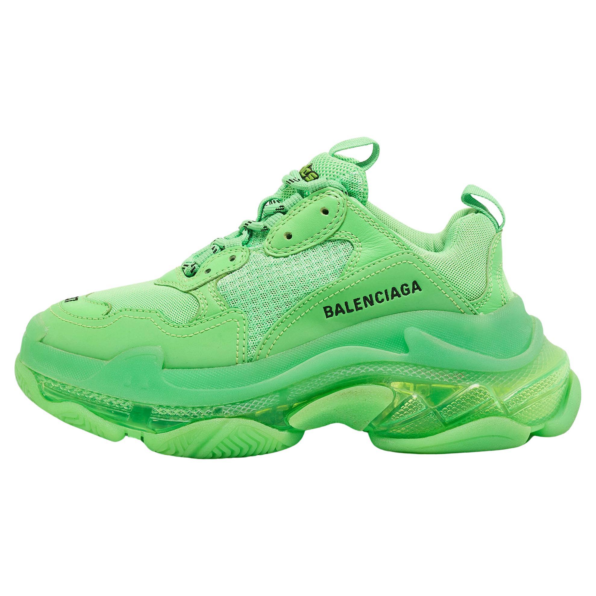 Balenciaga Green Mesh and Leather Triple S Low Top Sneakers 