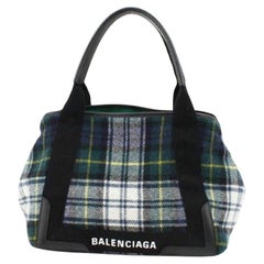 Balenciaga Green Multicolor Wool Checks Small Navy Cabas Bag