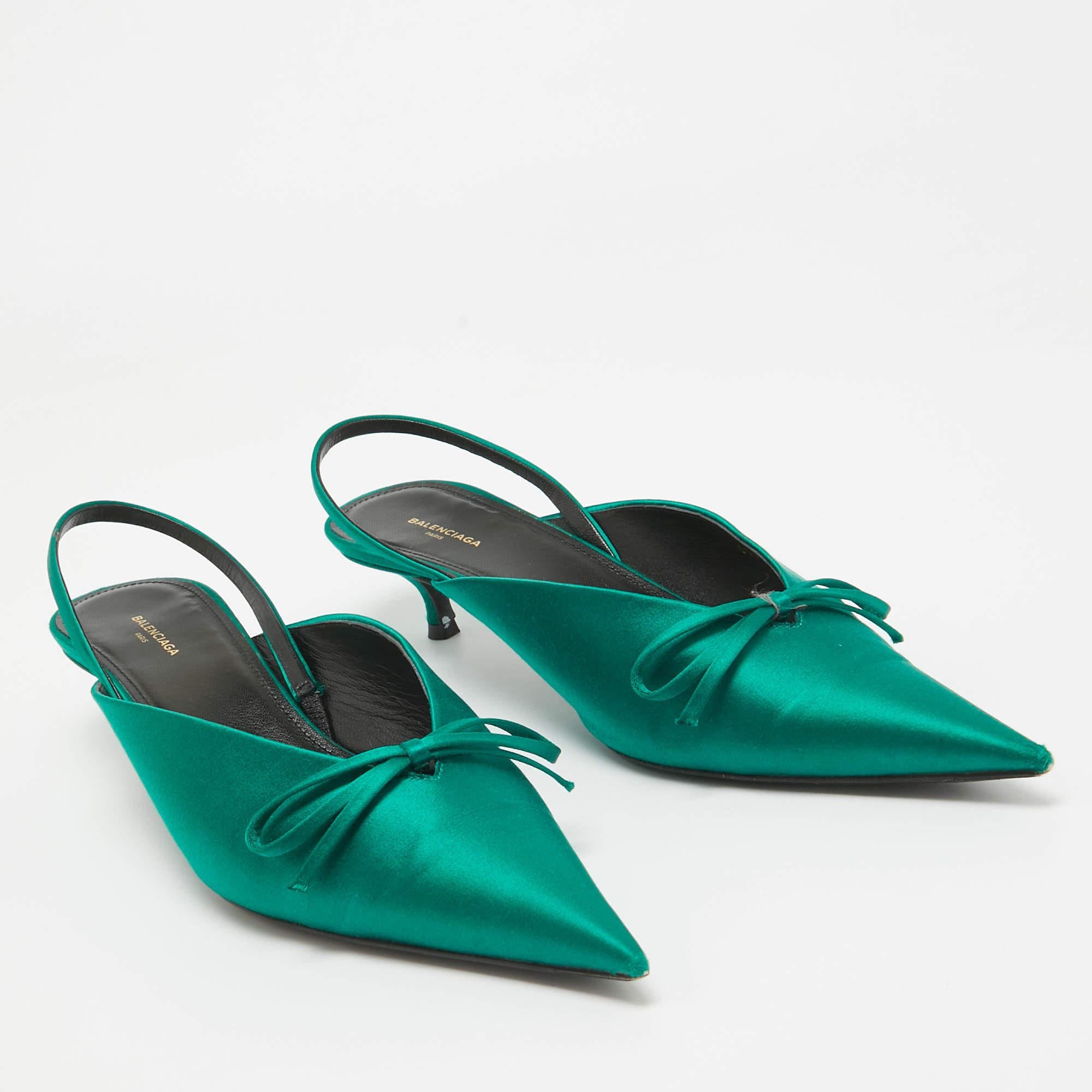 Women's Balenciaga Green Satin Knife Bow Slingback Pumps Size 39