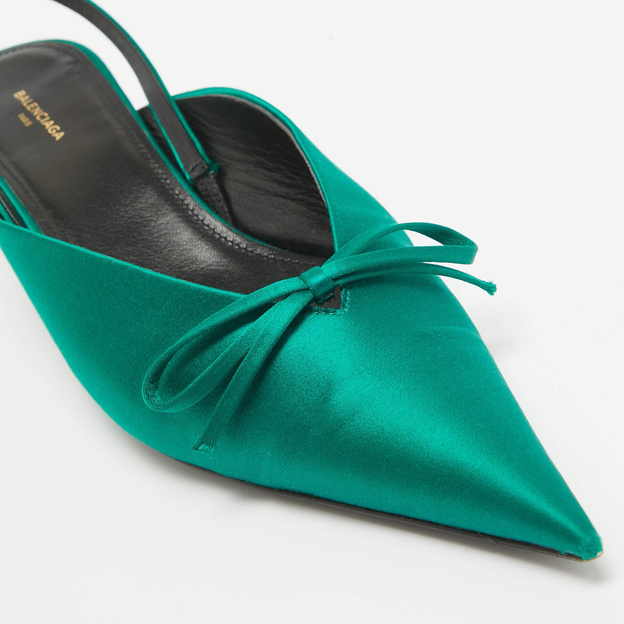 Balenciaga Green Satin Knife Bow Slingback Pumps Size 39 4