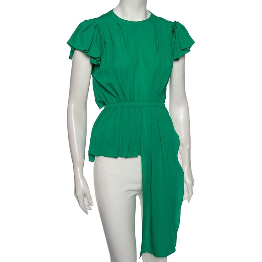Balenciaga Green Silk Pleated Asymmetrical Blouse S In Good Condition For Sale In Dubai, Al Qouz 2