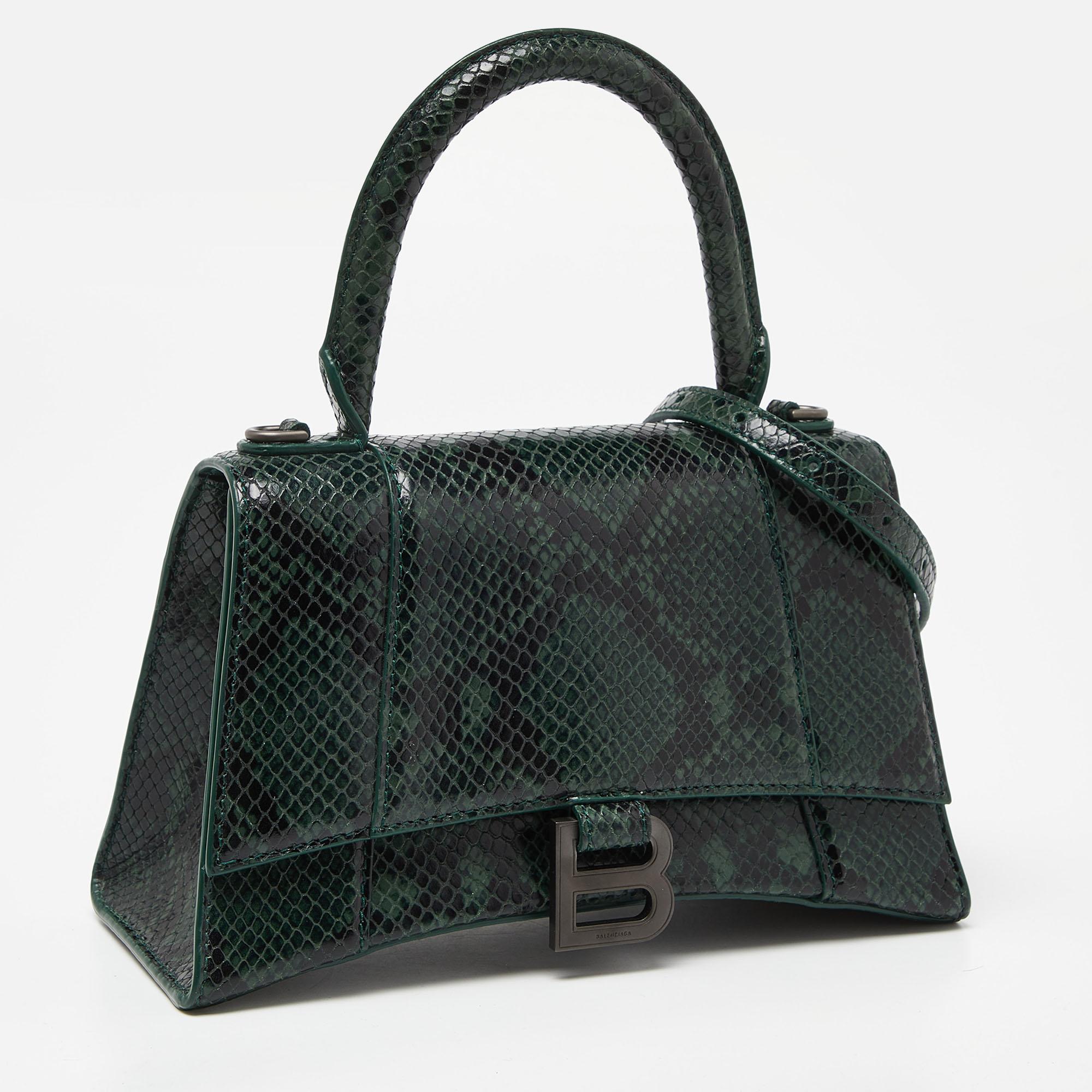 Balenciaga Green Snakeskin Embossed Leather Small Hourglass Top Handle Bag In Excellent Condition In Dubai, Al Qouz 2