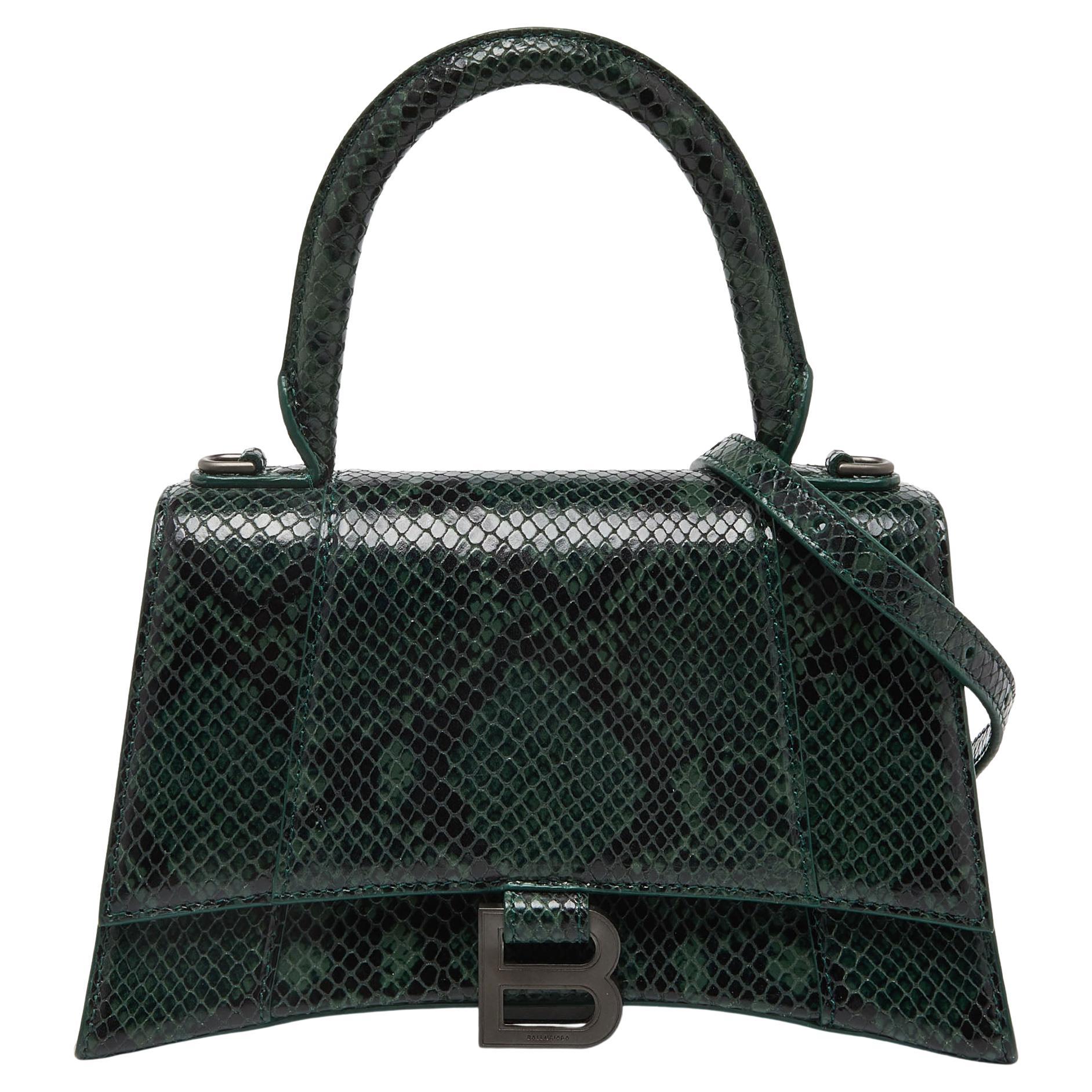 Balenciaga Green Snakeskin Embossed Leather Small Hourglass Top Handle Bag