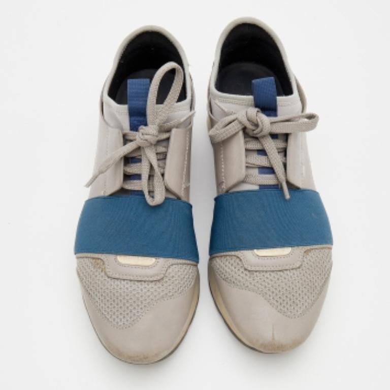 Grigio Balenciaga, scarpe da ginnastica Race Runner in pelle grigio/blu, taglia 36 in vendita