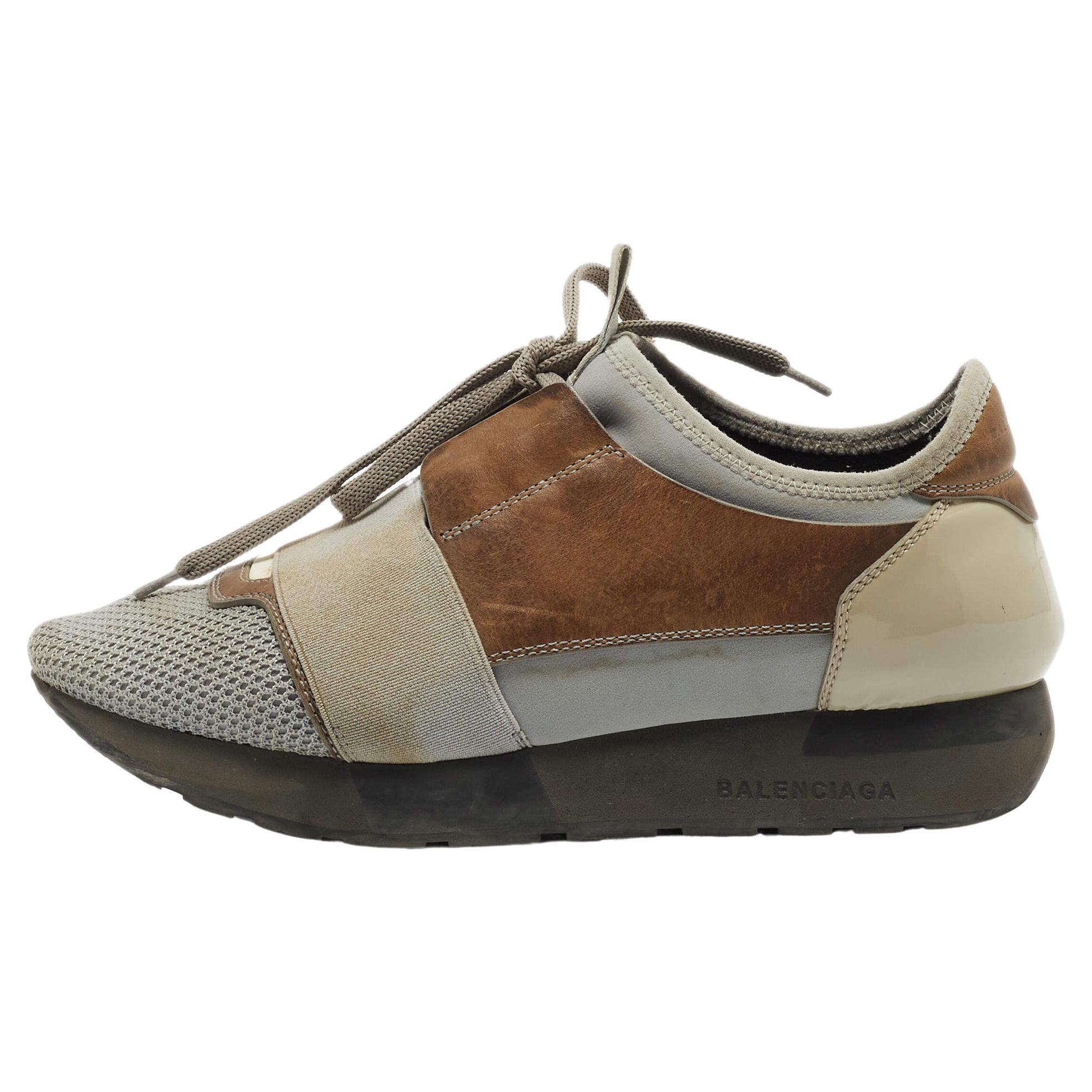 Balenciaga Grey/Brown Leather and Mesh Race Runner Sneakers Size 37 For Sale