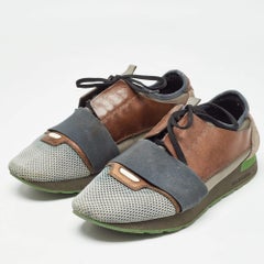 Balenciaga Grey/Brown Mesh and Leather Race Runner Sneakers Size 42