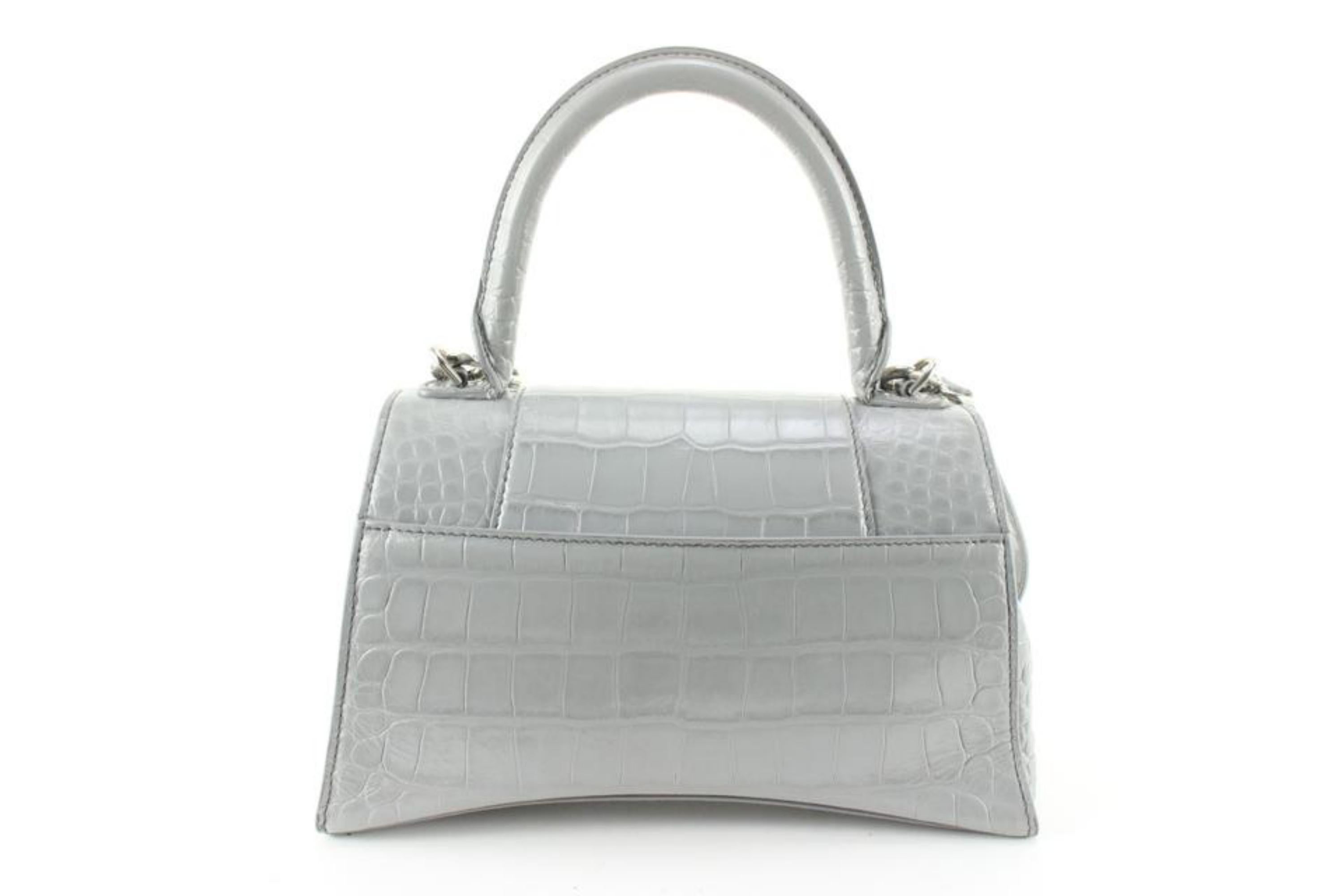 Balenciaga Grey Calfskin Crocodile Embossed Small Hourglass Top Handle 90ba629s In Good Condition In Dix hills, NY