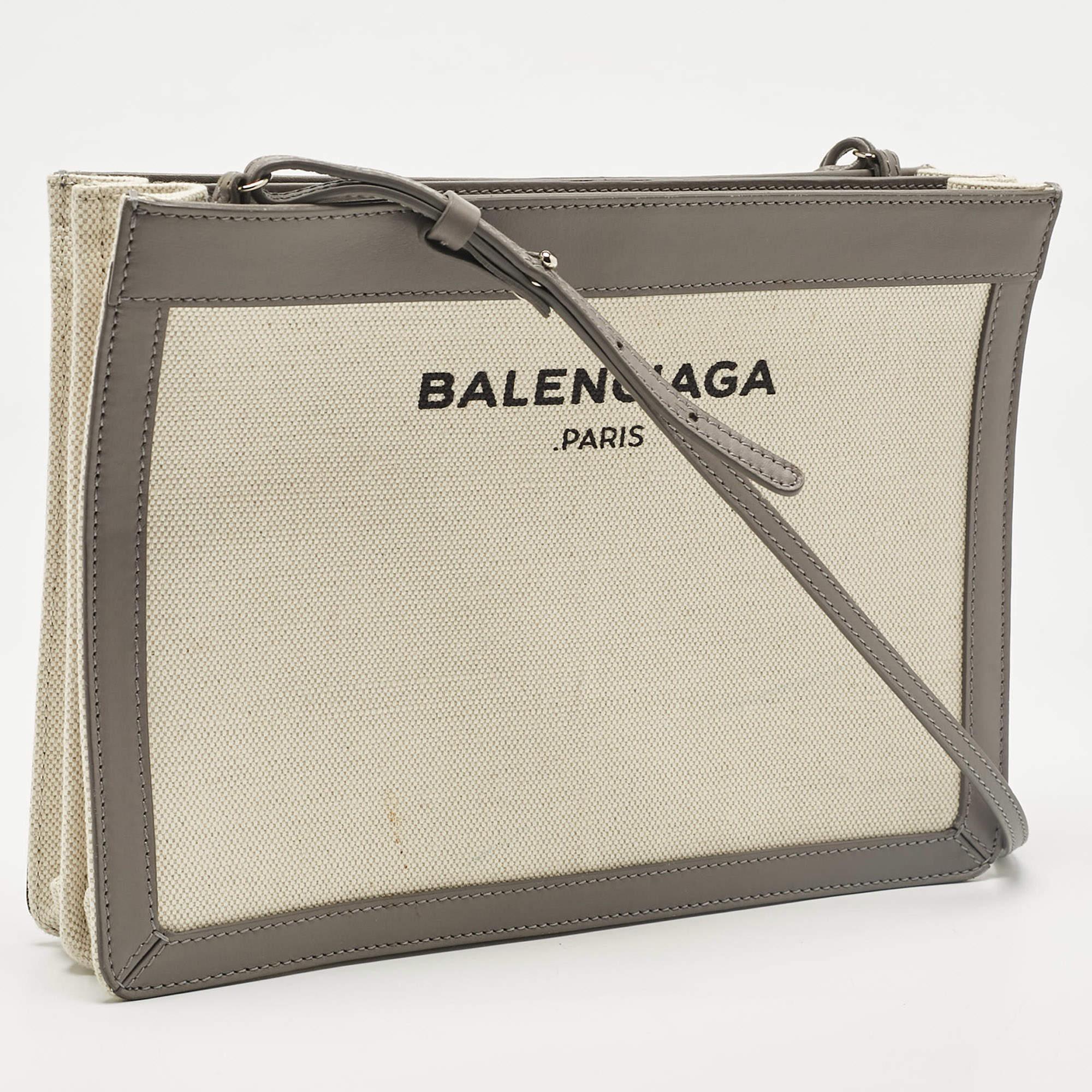 Brown Balenciaga Grey Canvas and Leather Pochette Crossbody Bag For Sale