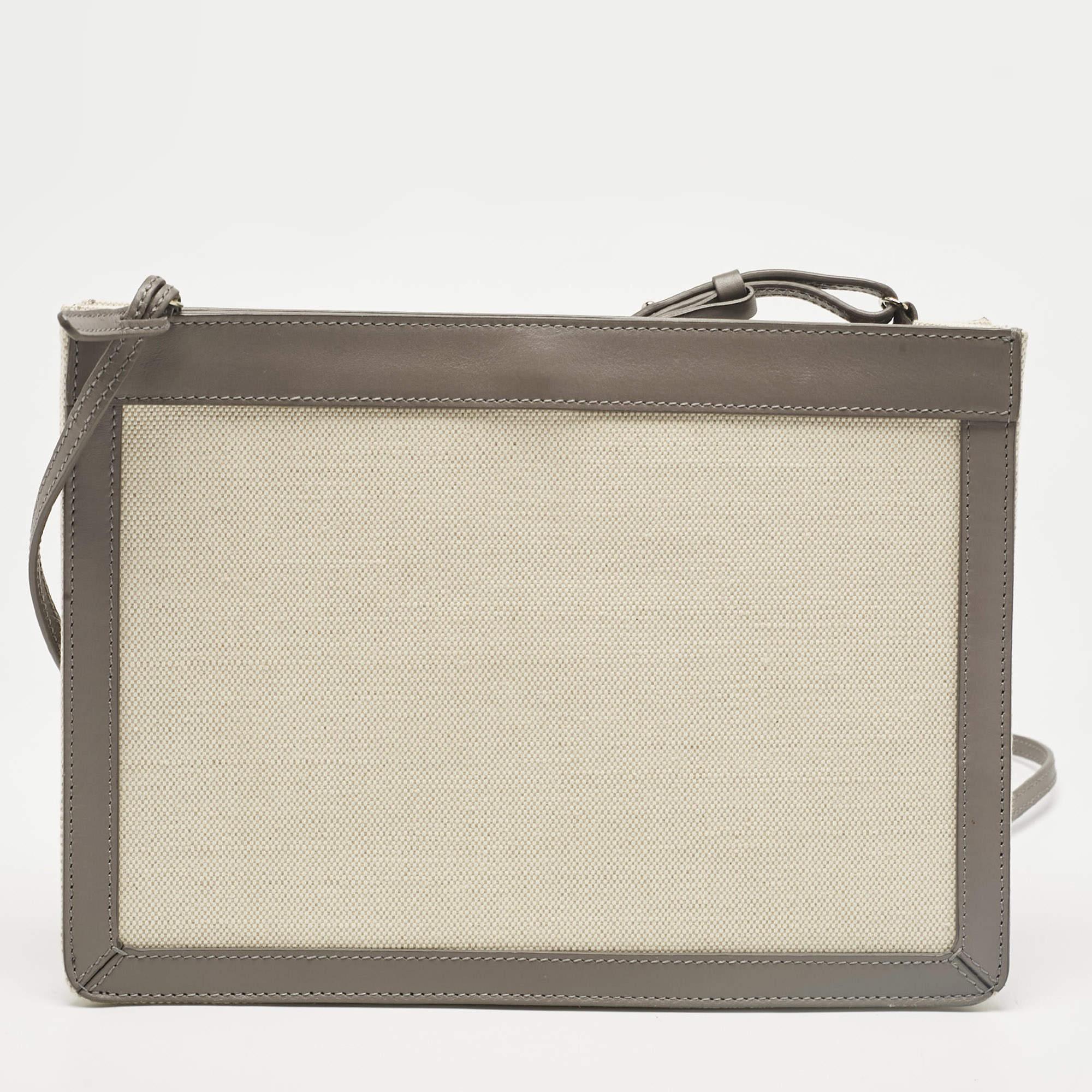 Balenciaga Grey Canvas and Leather Pochette Crossbody Bag In Good Condition For Sale In Dubai, Al Qouz 2