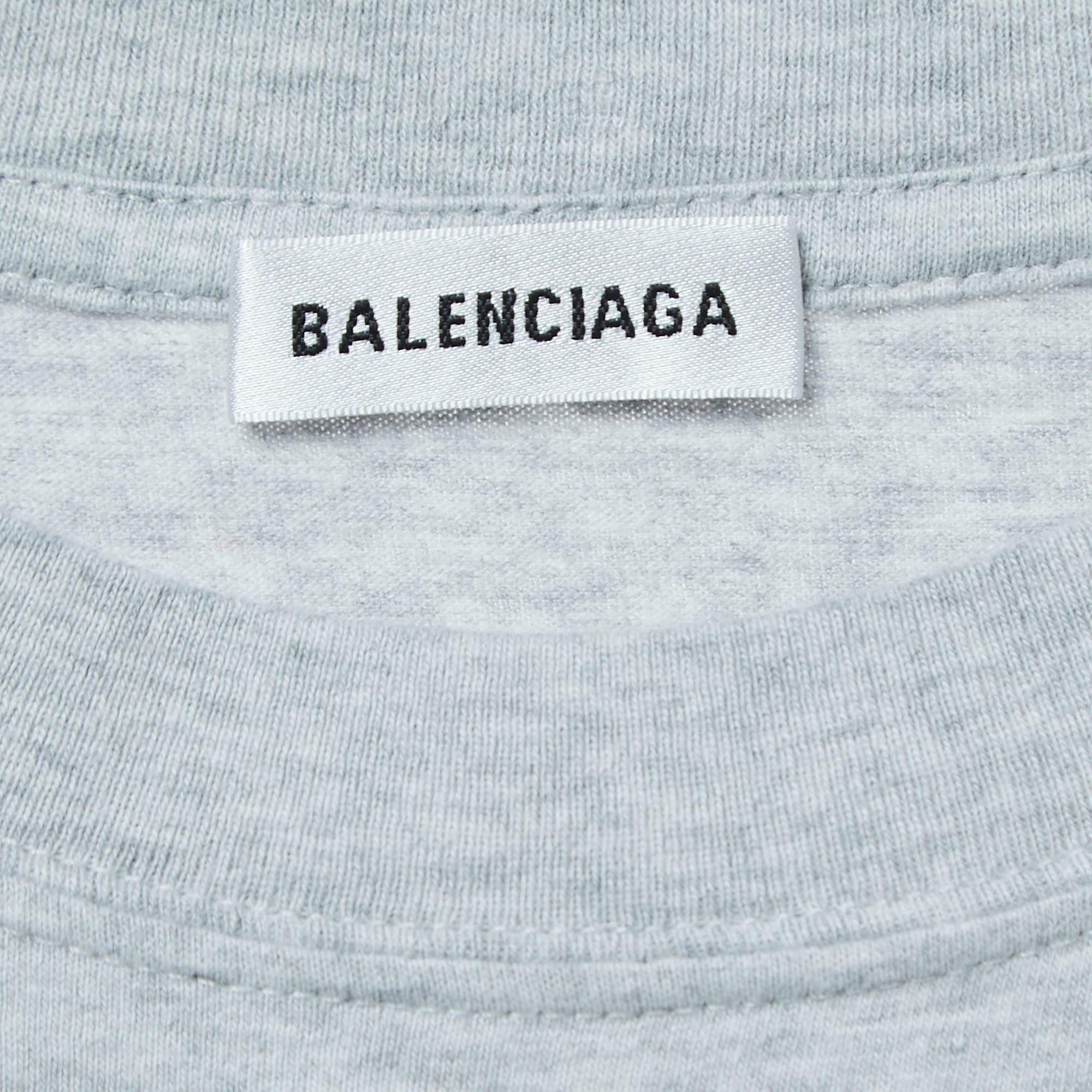 Balenciaga Grey Cotton Logo Patched T-Shirt S For Sale 3