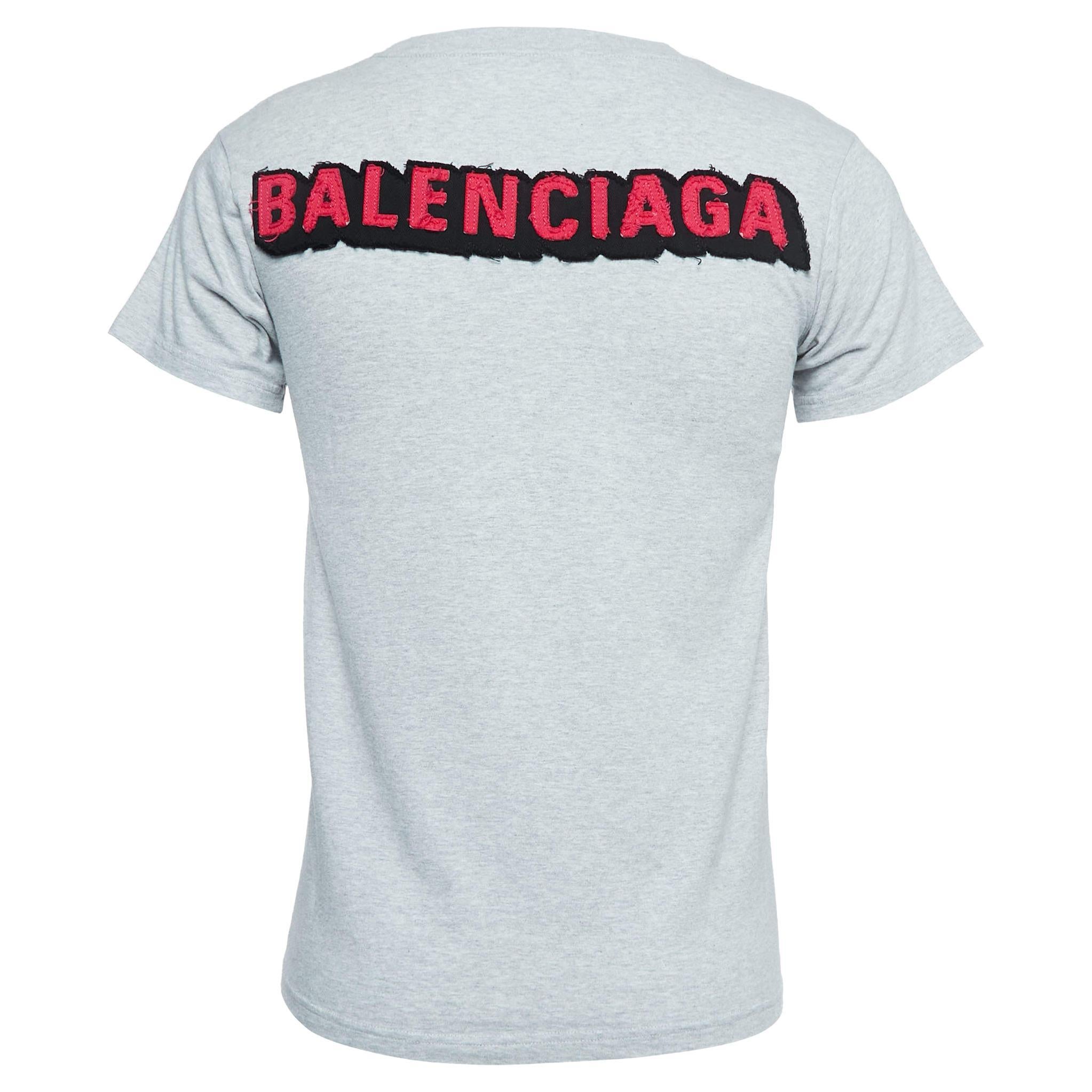Balenciaga Grey Cotton Logo Patched T-Shirt S For Sale