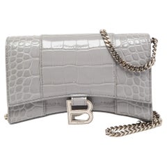 Balenciaga Grey Croc Embossed Leather Hourglass Wallet on Chain